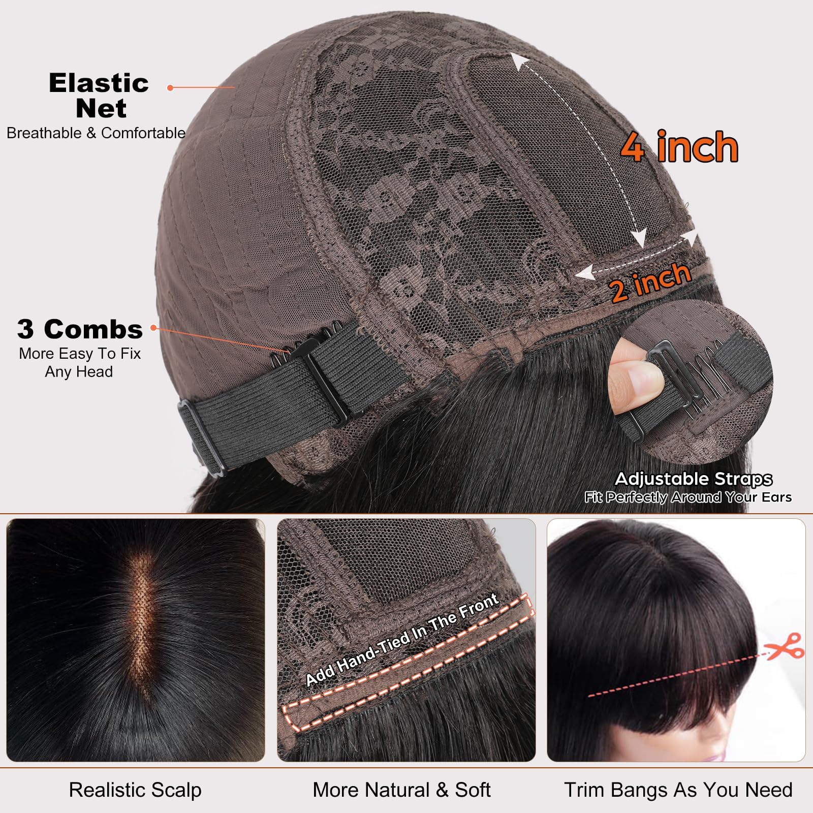 Parrucca Donna Capelli Veri Umani Straight Human Hair Wigs With Bangs, 2x4 Glueless Lace Front Wig Human Hair Nera Parrucca Donna Diritta Con Frangia 16 Pollici