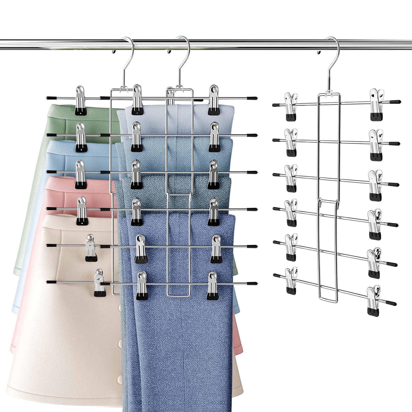 Pants Hangers with Clips, 6 Tier Skirt & Pants Hangers Space Saving,Closet Organizers and Storage Skirt, Clothes & Pants