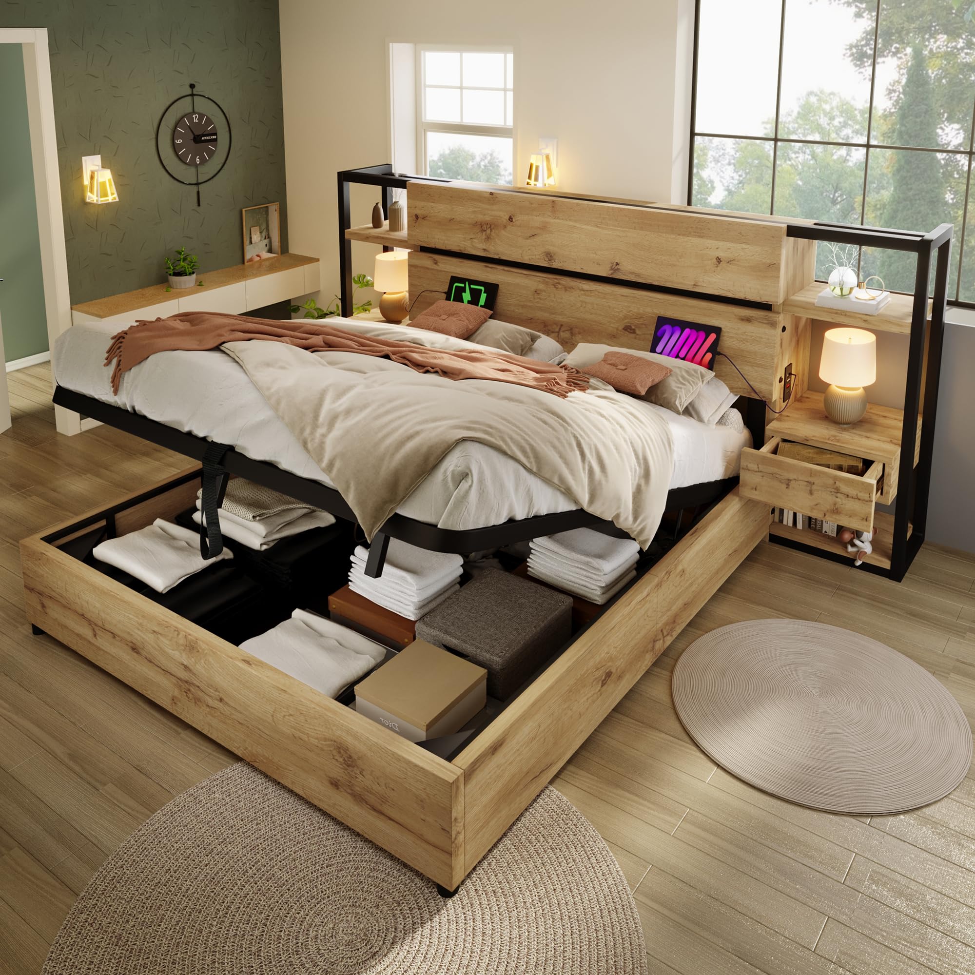 Letto matrimoniale con contenitore+6 USB,2 Type-C,letto 180x200 cm, struttura matrimoniale idraulico con 2 comodino camera da letto, con ripostiglio,rete a doghe in legno,Rovere(EVA silenzioso)