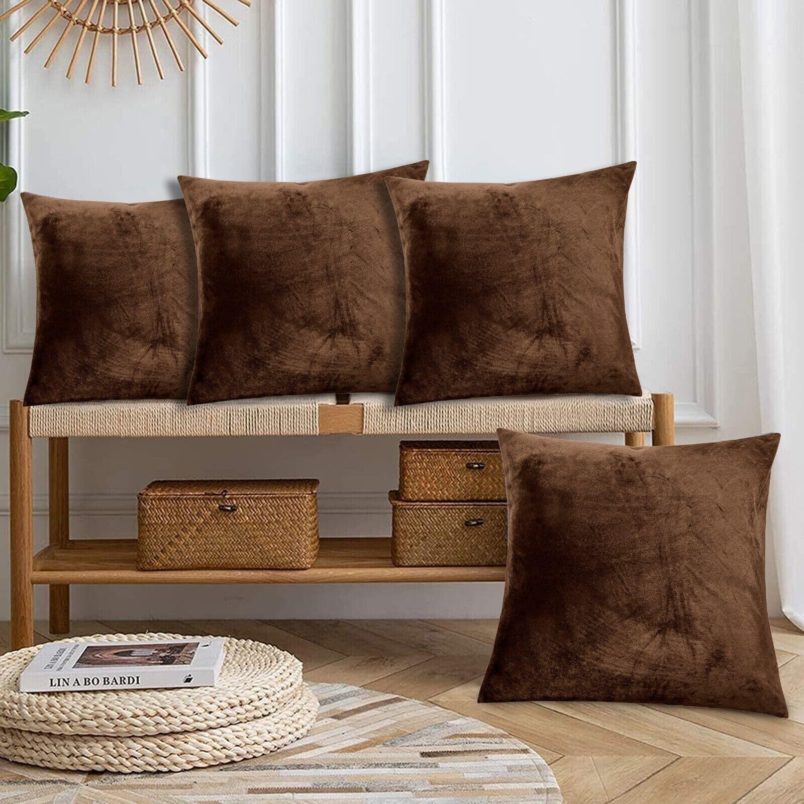 INSAFIANS Decorative Crushed Velvet Cushion Covers 45cm x 45cm/Square Throw Pillowcases for Sofa Bedroom with Invisible Zipper 18x18 Inch (1, Brown)