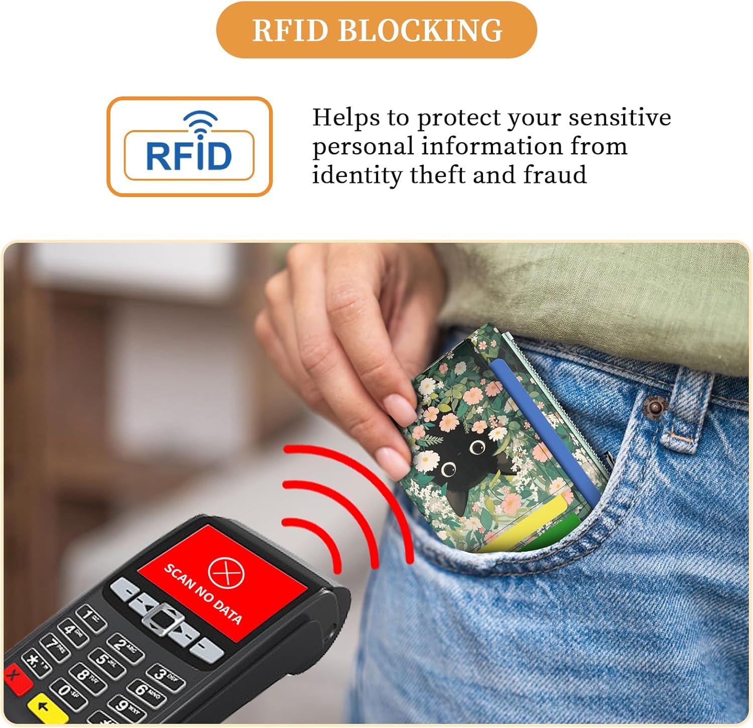 Black Cat Floral Slim Wallet Women Credit Card Holder Small Cute RFID Blocking Front Pocket Wallet Wristlet Keychain Lanyard Card Case Thin Travel Zipper Coin PU Leather Ladies Female Gifts - Image 5