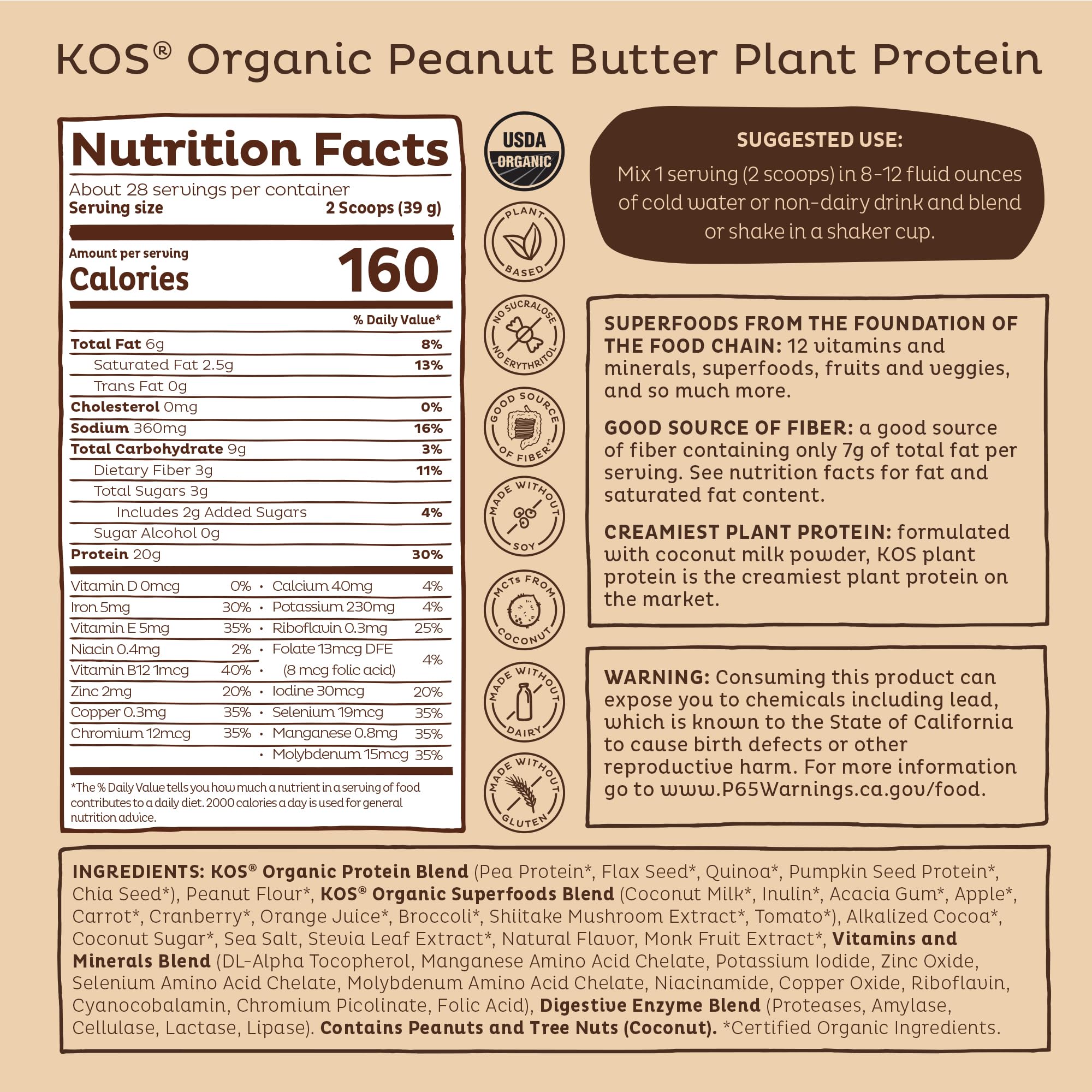 KOS Organic Plant Based Protein Powder, Chocolate Peanut Butter - Delicious Vegan Protein Powder Meal Replacement - Keto Friendly, Gluten Free, Dairy Free & Soy Free - 2.4 lbs, 28 Servings — Amazon image 9