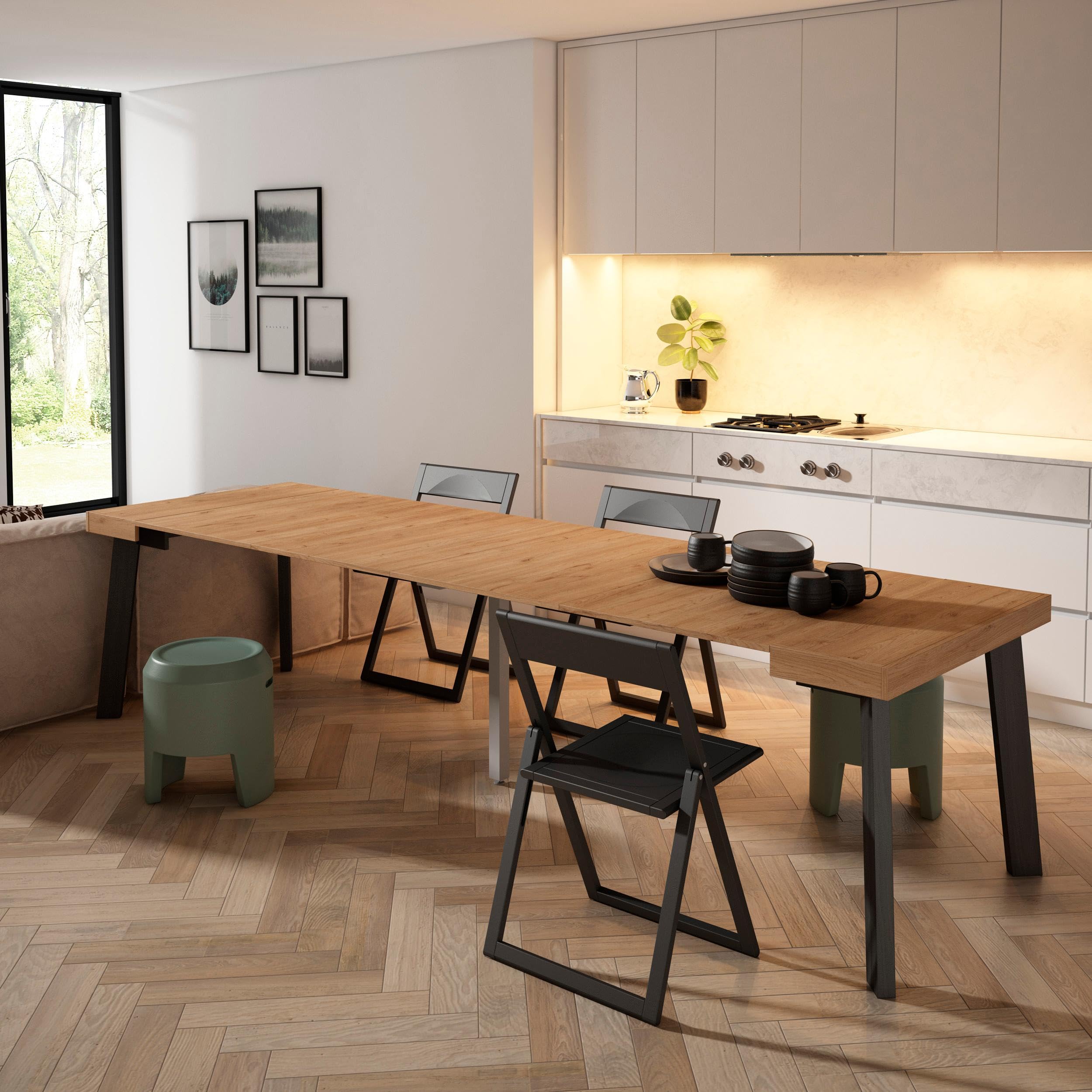 Skraut Home | Table Console Extensible | Console Meuble | 300 | pour 14 Personnes | Pieds en Bois | Style Moderne | Chêne