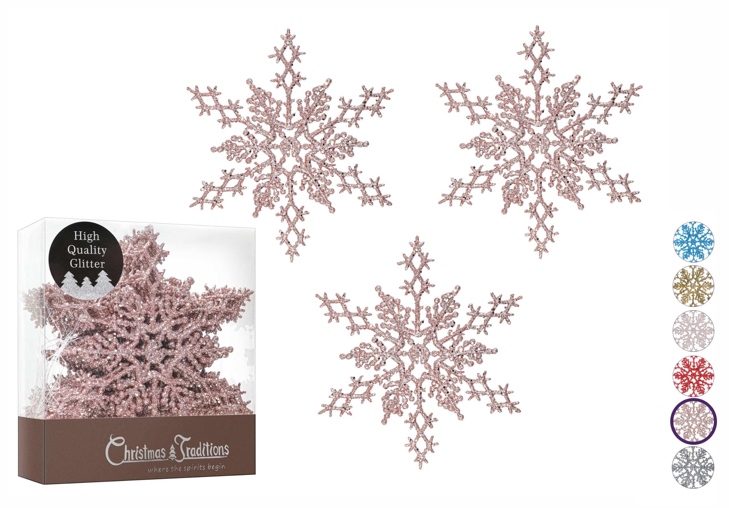 Christmas Traditions 6 inch Rose Gold Snowflake Ornaments (Set of 18) Glittered Hanging Tree Decorations (Rose Gold)