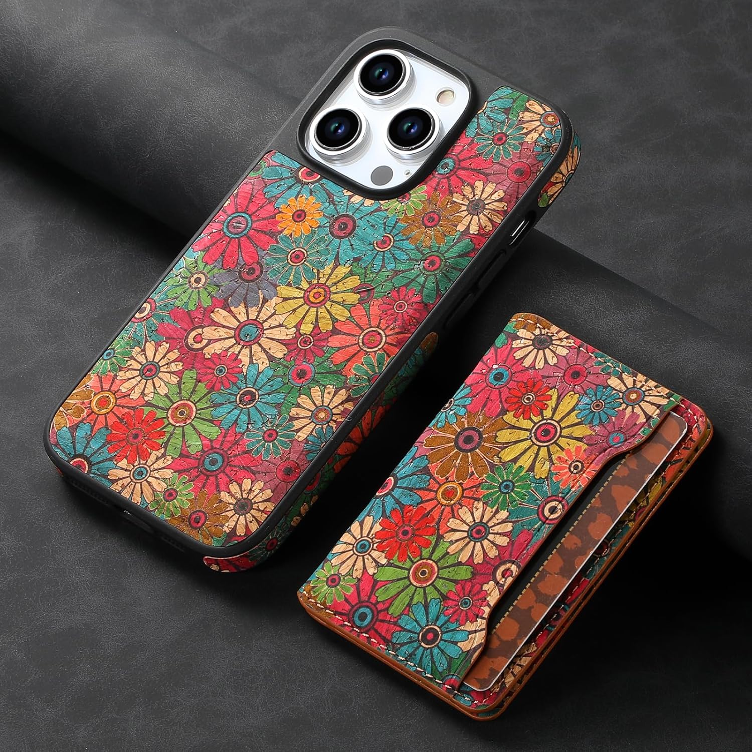 maogoam Flower Leather Case for iPhone 16 Pro Max 6.9", Soft Composite Wood Veneer Leather Case for Women, Compatible with Magsafe, Oil Painting Style, Gerbera