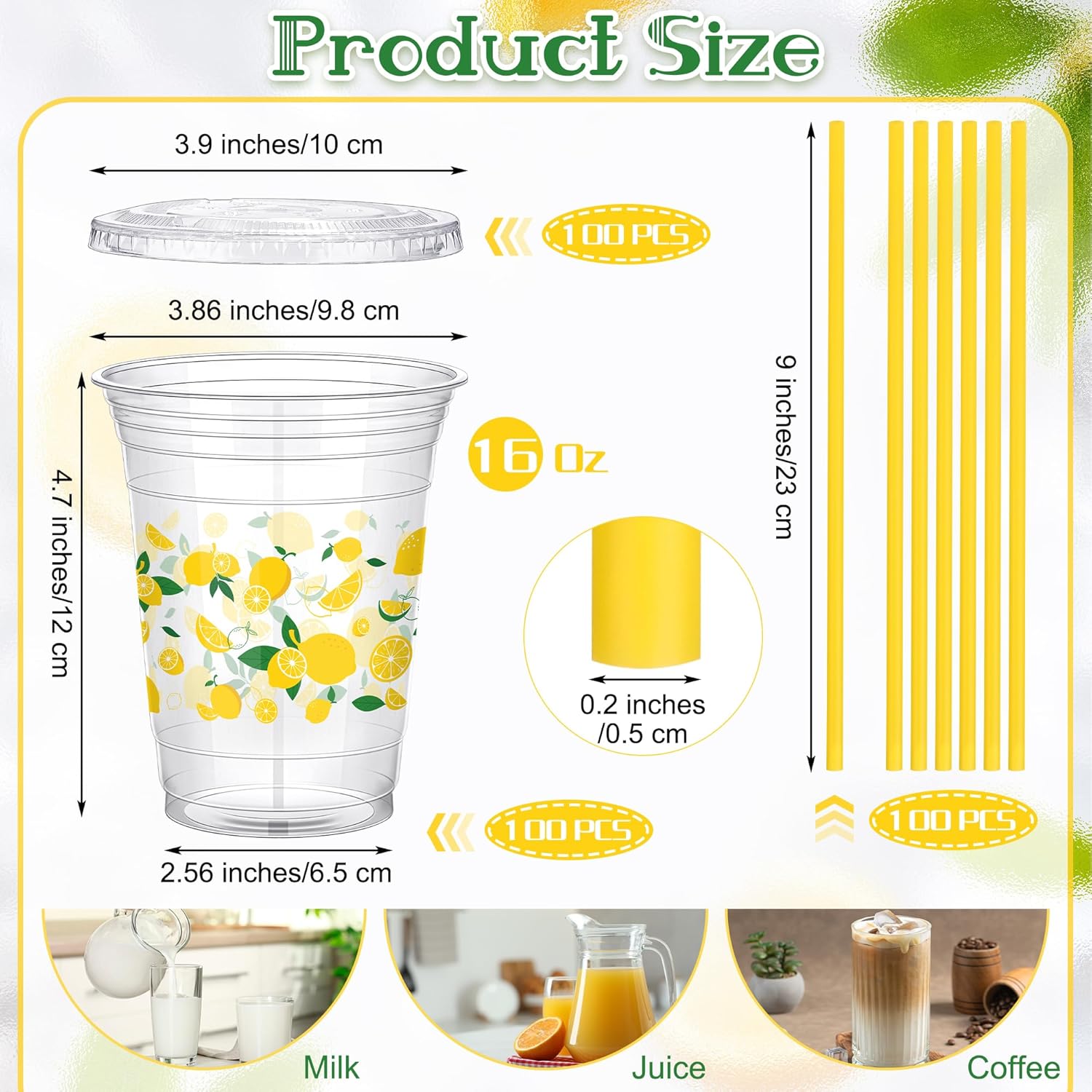 300 Pieces Lemon Plastic Disposable Cups with Lids and Straws 16 Ounce Lemon Hawaiian Luau Party Plastic Cups Clear Summer Tropical Party Cups Fruit Cold Cups for Lemonade Juice Water