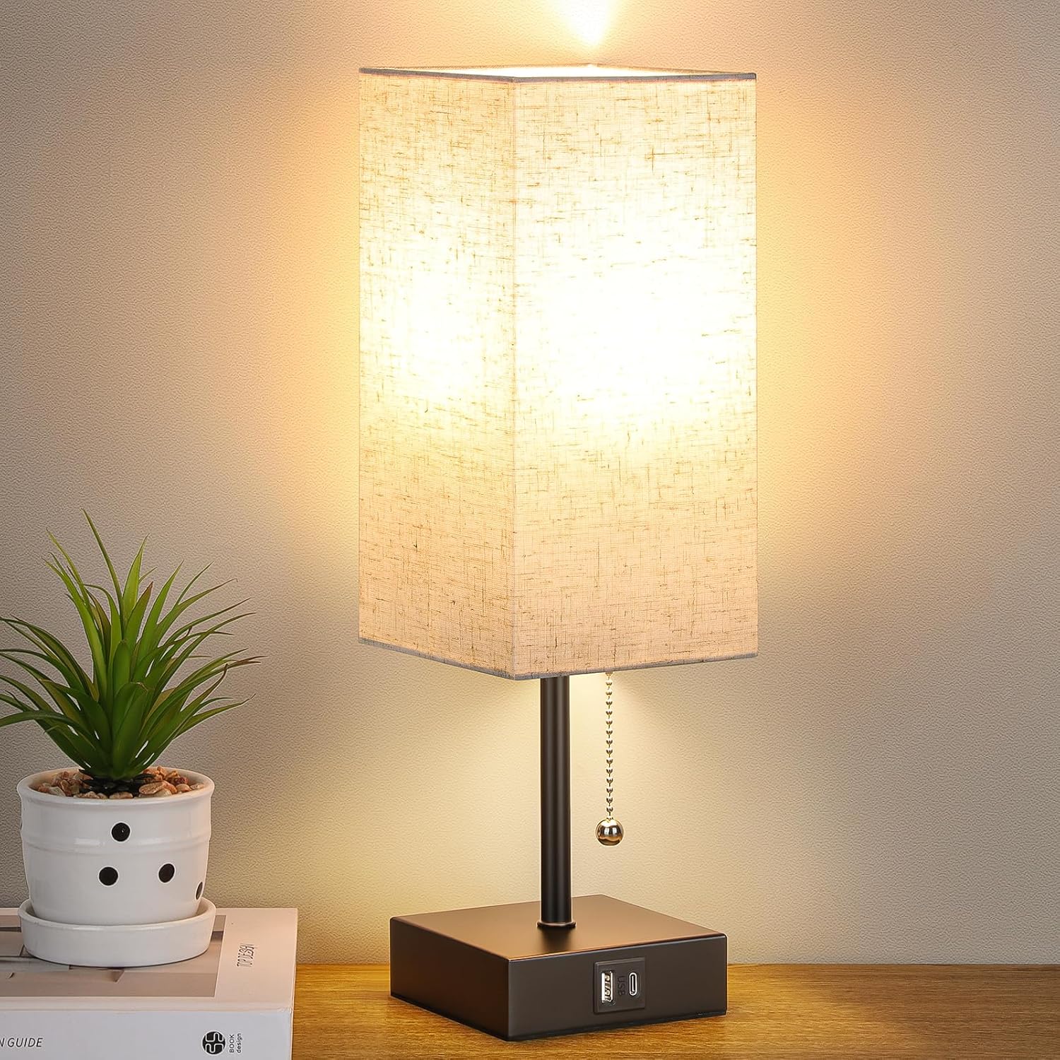 GGOYING Bedside Table Lamp, Pull Chain Bedroom Lamp with