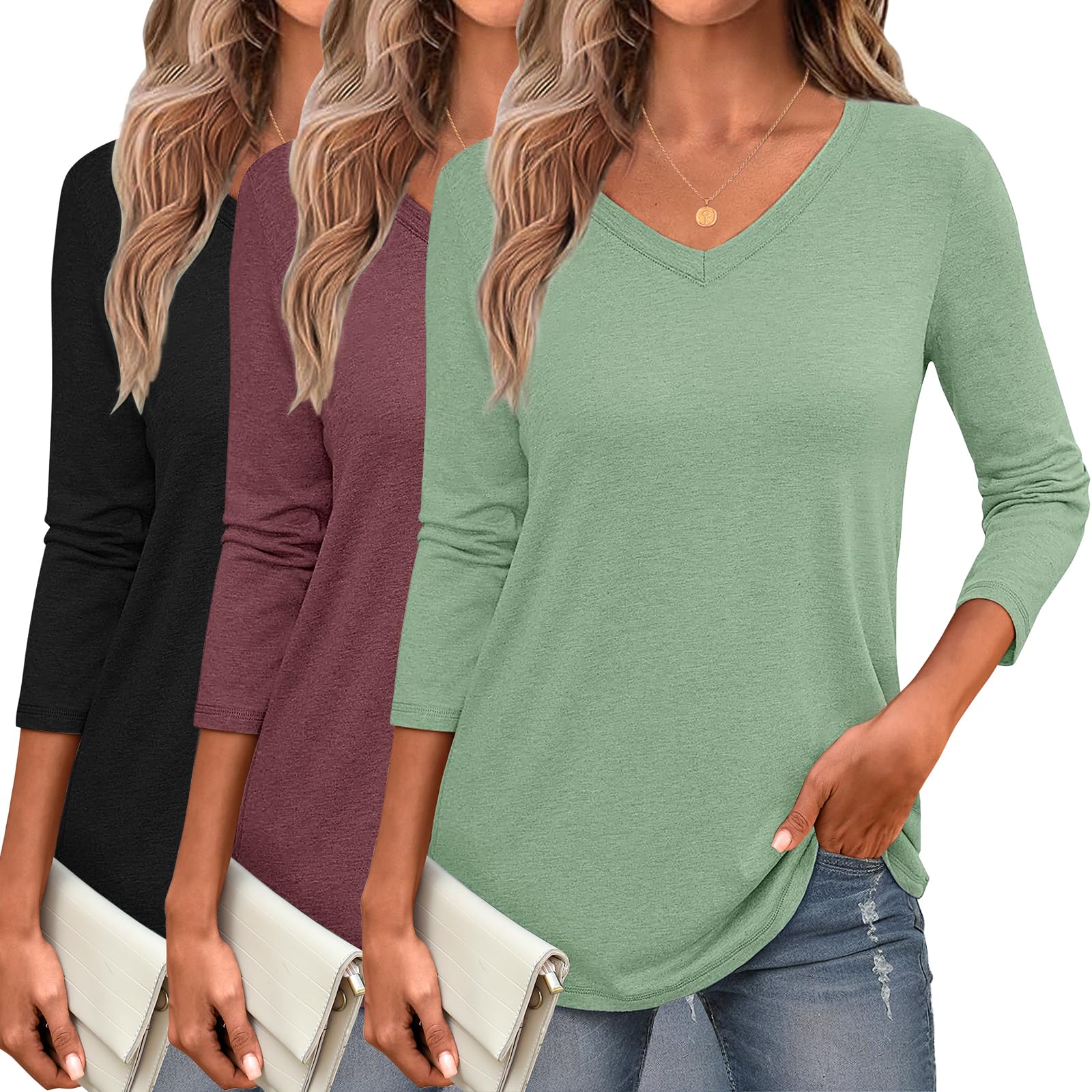 Zeagoo 3 Pack Women Shirts 3/4 Sleeve Casual Loose Fit V Neck Basic Tee Tops Summer Fall Outfit Clothes 2025