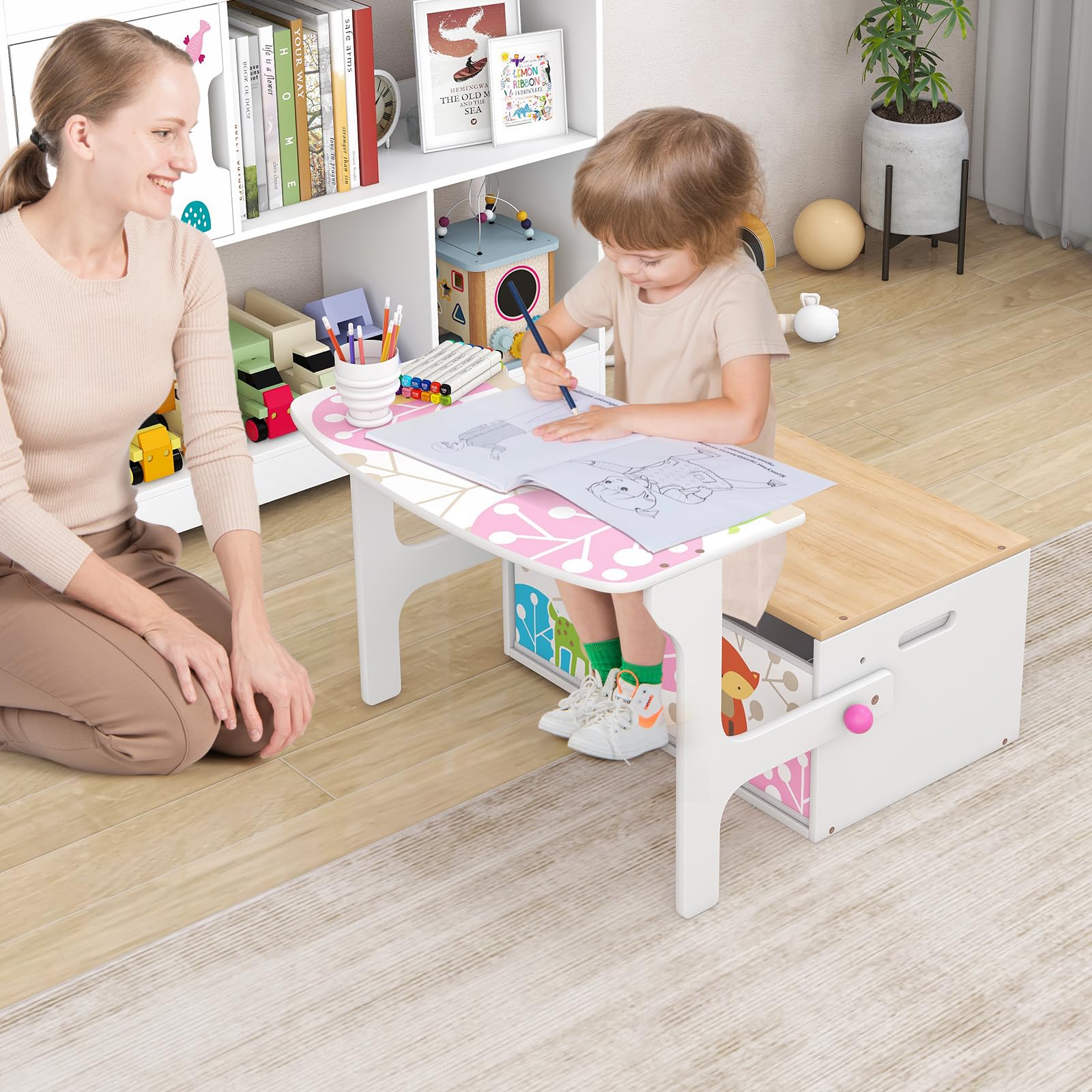 RELAX4LIFE Set Tavolo e Sedia per Bambini 3 in 1, Cassapanca Convertibile Senza Attrezzi con 2 Cesti Portagiocchi e Scrivannia con Sedie, Bianco