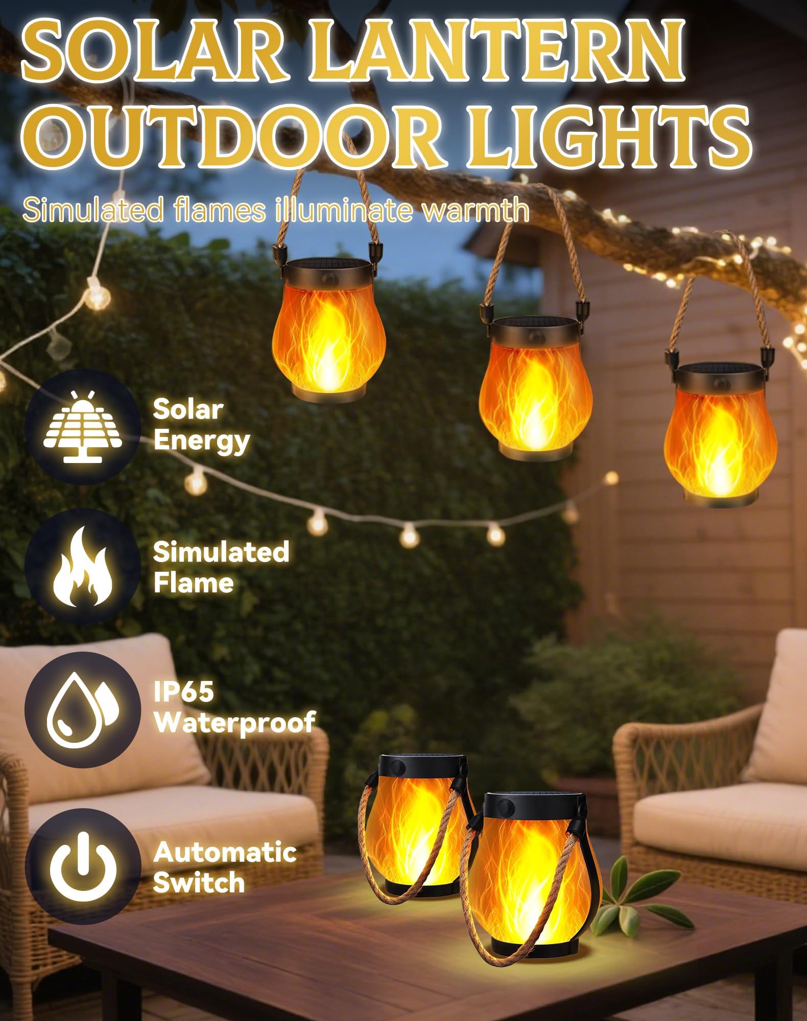 Solar Laterne mit Tanzende Flammen, 4 Stück Solar Lampe Outdoor Hängend, Campinglampe Solar Garten für Außenbereich,Terrasse, Veranda, Balkon