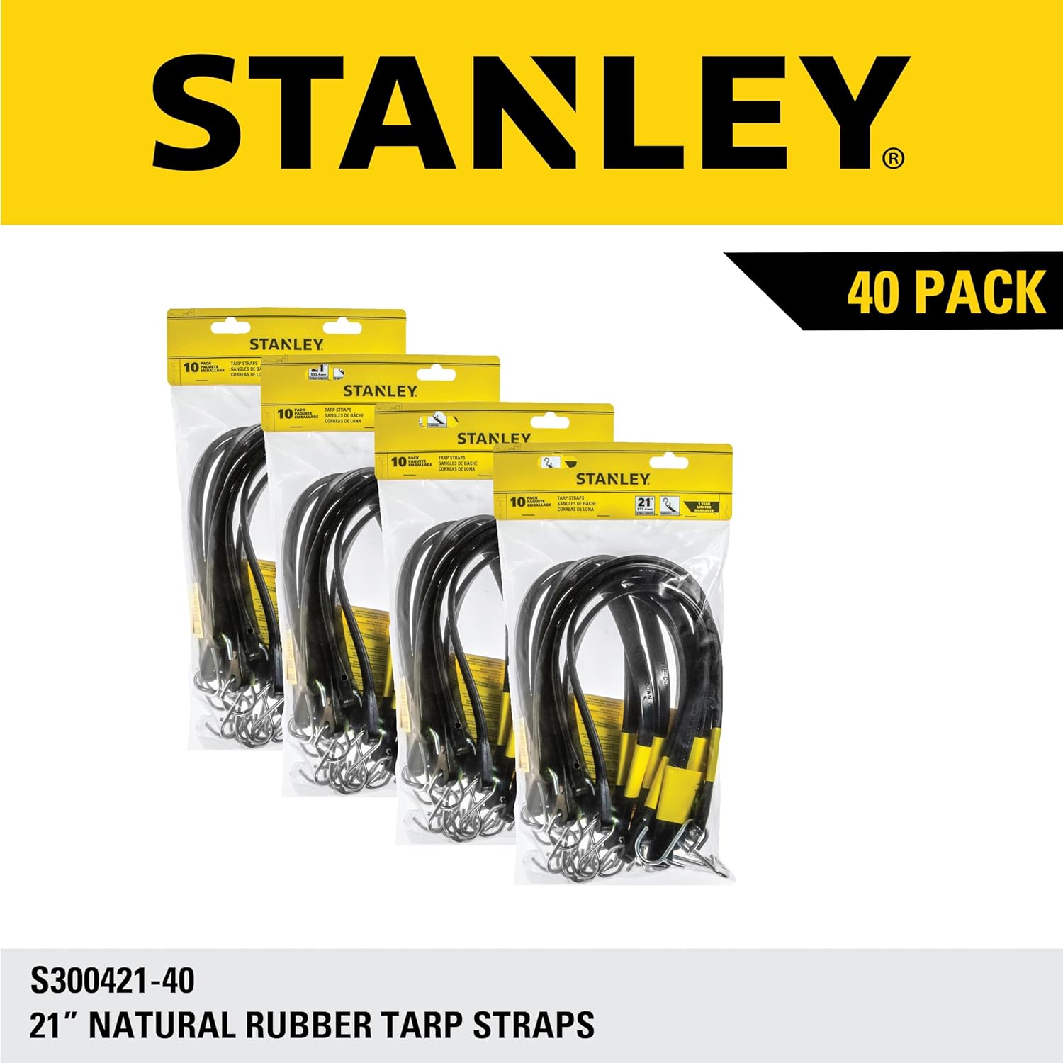 STANLEY S300421-40 Black 21" All-Weather Rubber Bungee Cords with S-Hooks for Securing Tarps, Flatbed Hauler and Boat Covers, Storage, and Cargo, 40 Pack