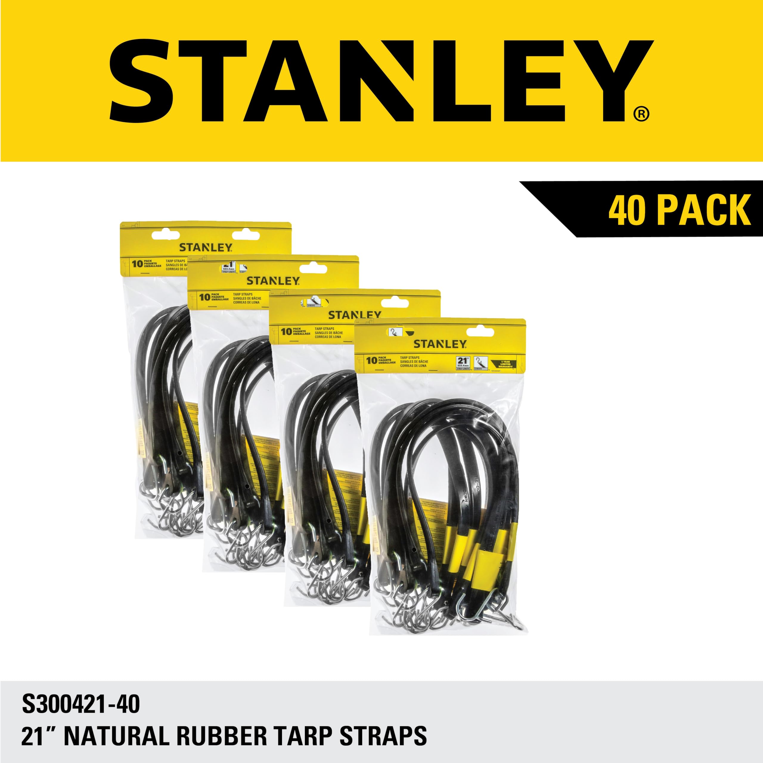 STANLEY S300421 Lot de 40 tendeurs élastiques en Caoutchouc pour Bateau, Camping, Support de Cargaison, Noir, 53,3 cm
