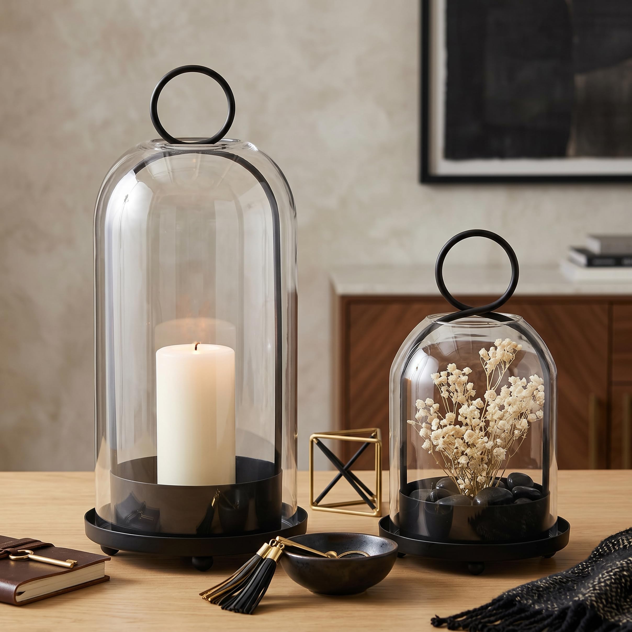 Juego de 2 portavelas de Cristal Hurricane, de Mesa o Colgantes, de Metal Negro y Cristal Transparente para Velas de Pilar..