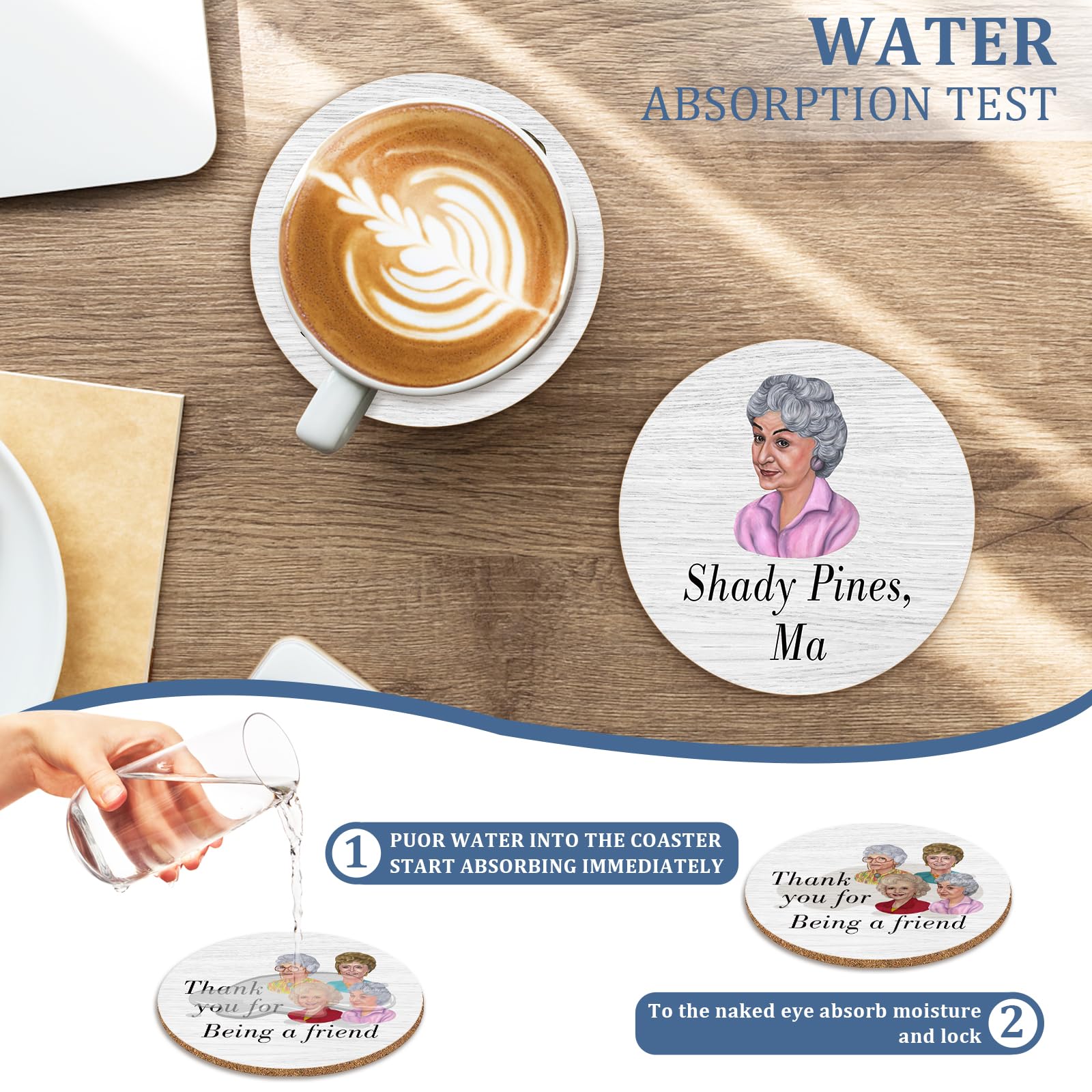 HSSPIRITZ 6 PCS Golden Girls Cork Coasters for Drinks,Golden Girls TV Show Merchandise,Funny Set with Coaster Holder,Golde Girl Kitchen Decor,Golde Girl TV Themed Coasters Gifts for Fans