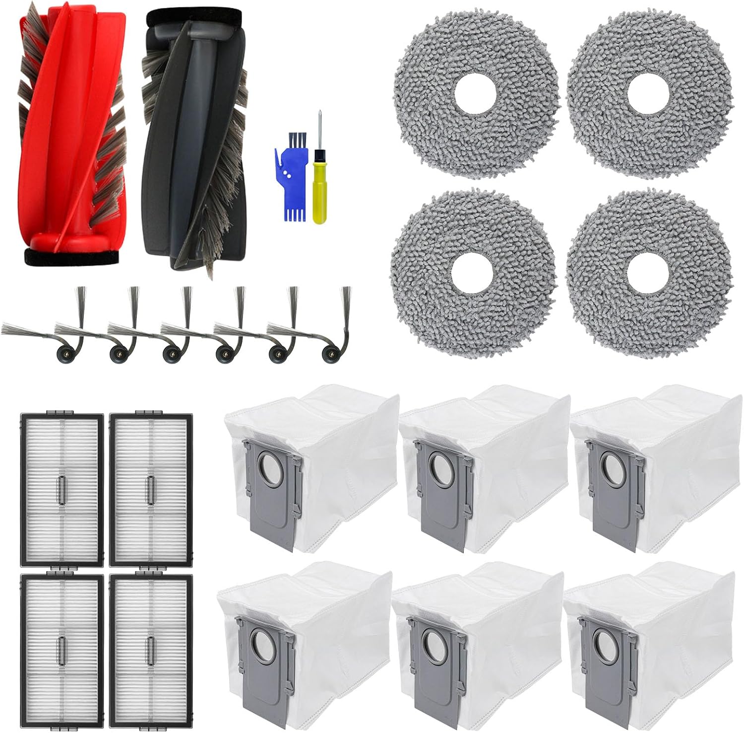 24PCS Accessories Kit for Roborock Saros 10R Vacuum Cleaner Replacement Parts, 2X Main Brushes, 4X Hepa Filters, 4X Mop Pads, 6X Side Brushes, 6X Dust Bags, 1X Cleaning Brush