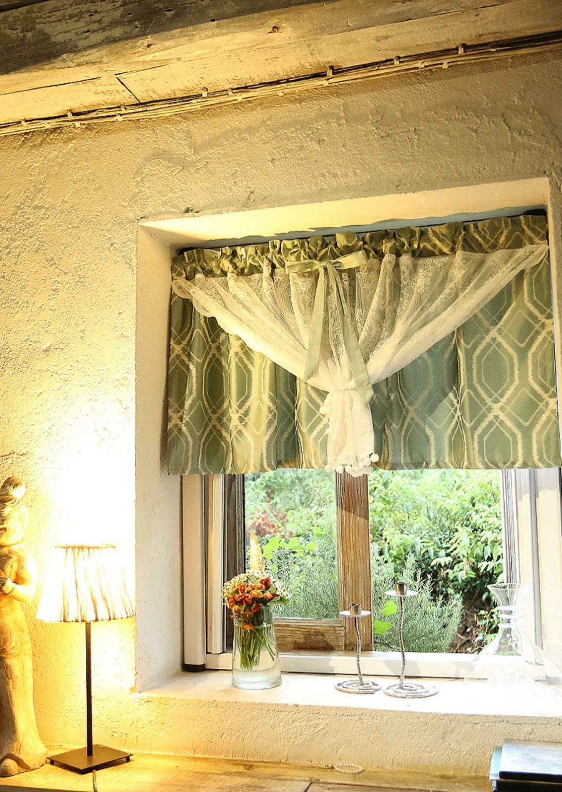 A.Monamour Tenda Corta Piccola 2 Pannelli Oscuranti Verdi A Rombi Geometrici Con Pizzo Floreale Bianco Tendina Tenda da Cucina Bistrot Caffè Mezza Tenda Mantovana Tenda a Vetro a Pannello Tenda Porta