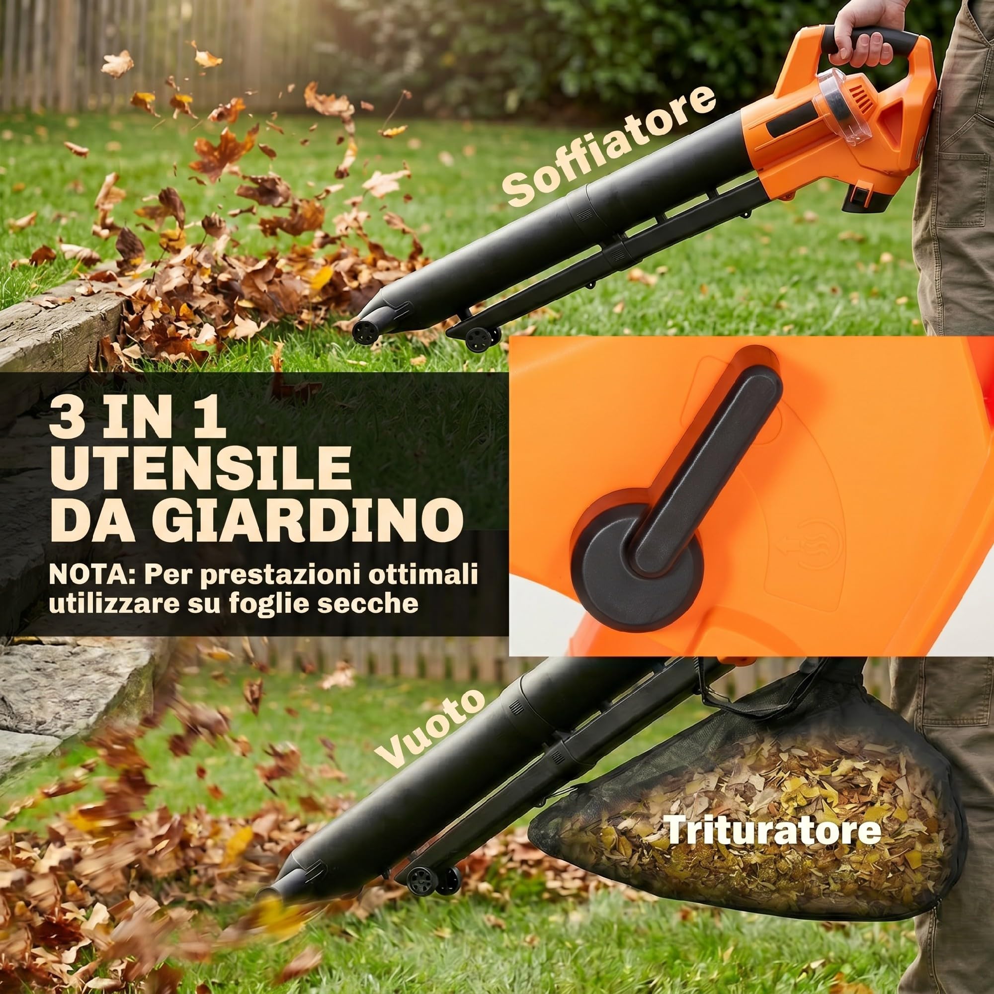 Outsunny Soffiatore e Aspiratore per Foglie 3-in-1 da 3000W con Trituratore, Sacco da 40L, 4 Ruote, Tracolla Regolabile, per Prati Vialetti e Terrazzi