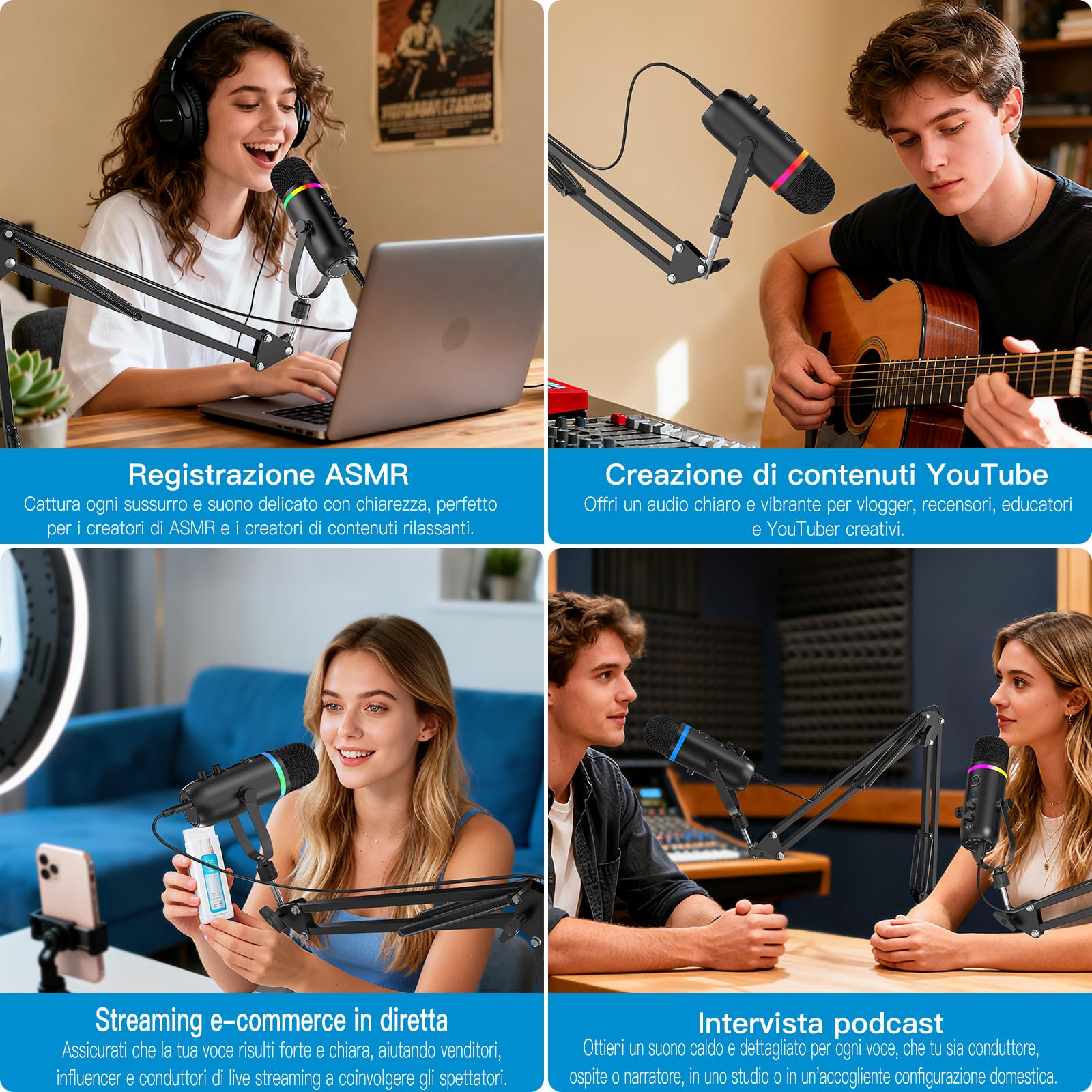 zealsound Microfono USB per Podcast con Braccio, Microfono RGB Gaming con cancellazione del rumore, Mute Rapido e Jack di Monitoraggio, Microfono da Studio per PC/Mac/Phone, Streaming e YouTube