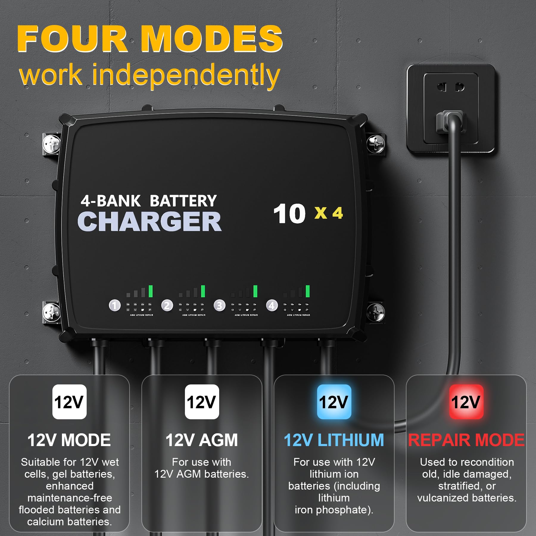 4-Bank Marine Battery Charger - 40a (10a/Bank) 12v Four Modes Waterproof Boat Battery Charger for Agm, Lifepo4 and Deep-Cycle Batteries