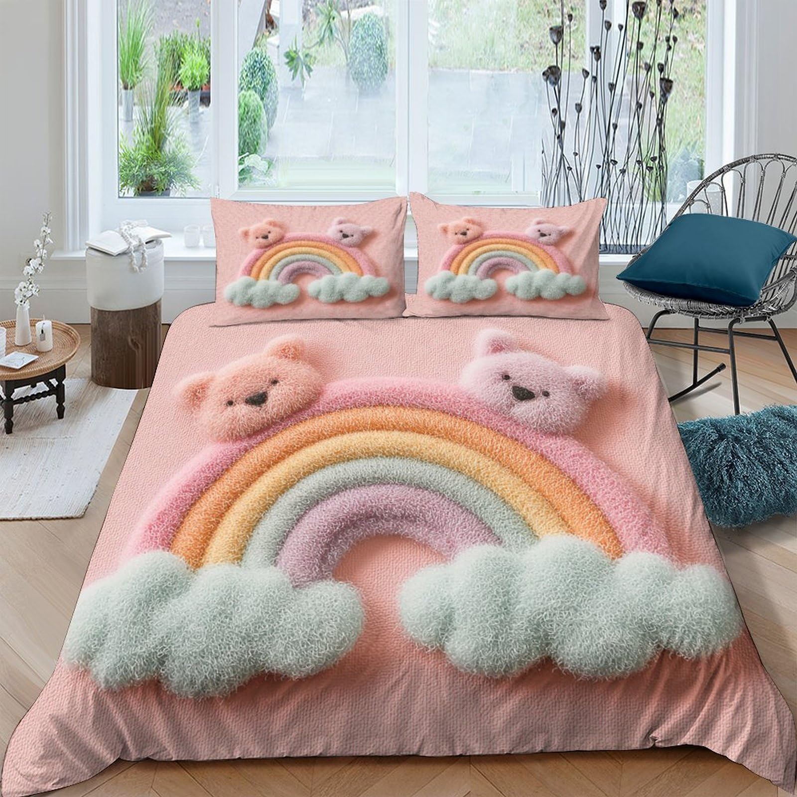 GPLZQXKJNH 3D Printed Rainbow Teddy Bear Duvet Cover Set Microfiber Soft Pastel Bedding with 2 Pillowcases for Bedroom Decor Single（135x200cm）