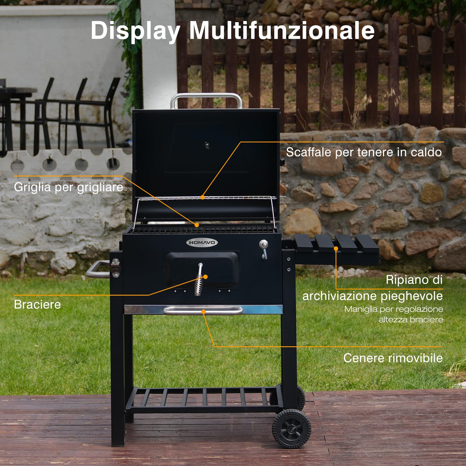 Barbecue a Carbonella, Barbecue con Coperchio, Griglia Piegevole, Superficie di Cottura 56×42,5 cm, Braciere Regolabile in Altezza, Tavolino Laterale Piegevole e Copertura Protettiva Inclusa