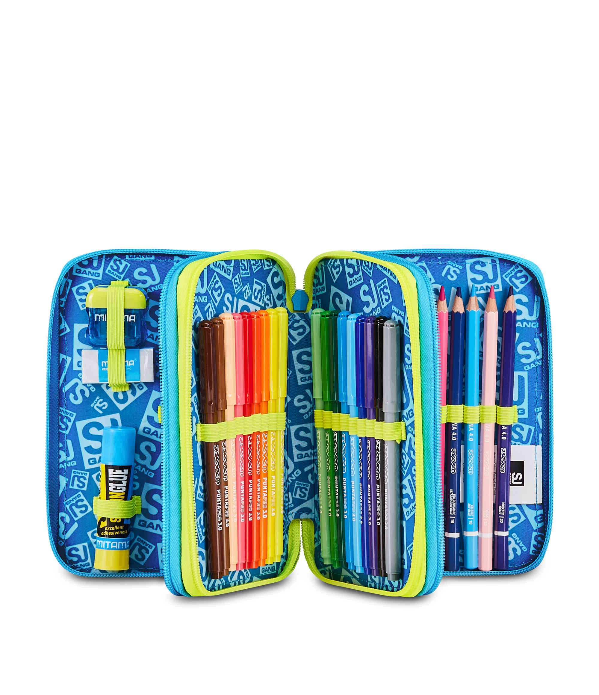 SJ GANG STYLE JAM GANG Astuccio Scuola 3 Zip 3D GLOWGAME, Blu, Triplo Scomparto, Scocca con pallone da calcio in rilievo, Portapenne Attrezzato, 45 pezzi, Accessori Zaino, Scuola elementare, Bambino