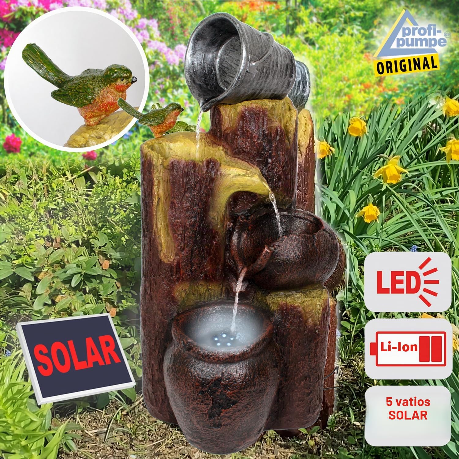 Fuente Solar para jardín Fuente BAUMSTUMPF & TONKRÜGE Fuente en Cascada para terraza, balcón, Modelo Mejorado con función de Arranque instantáneo de Bomba con batería de Iones de Litio y luz LED