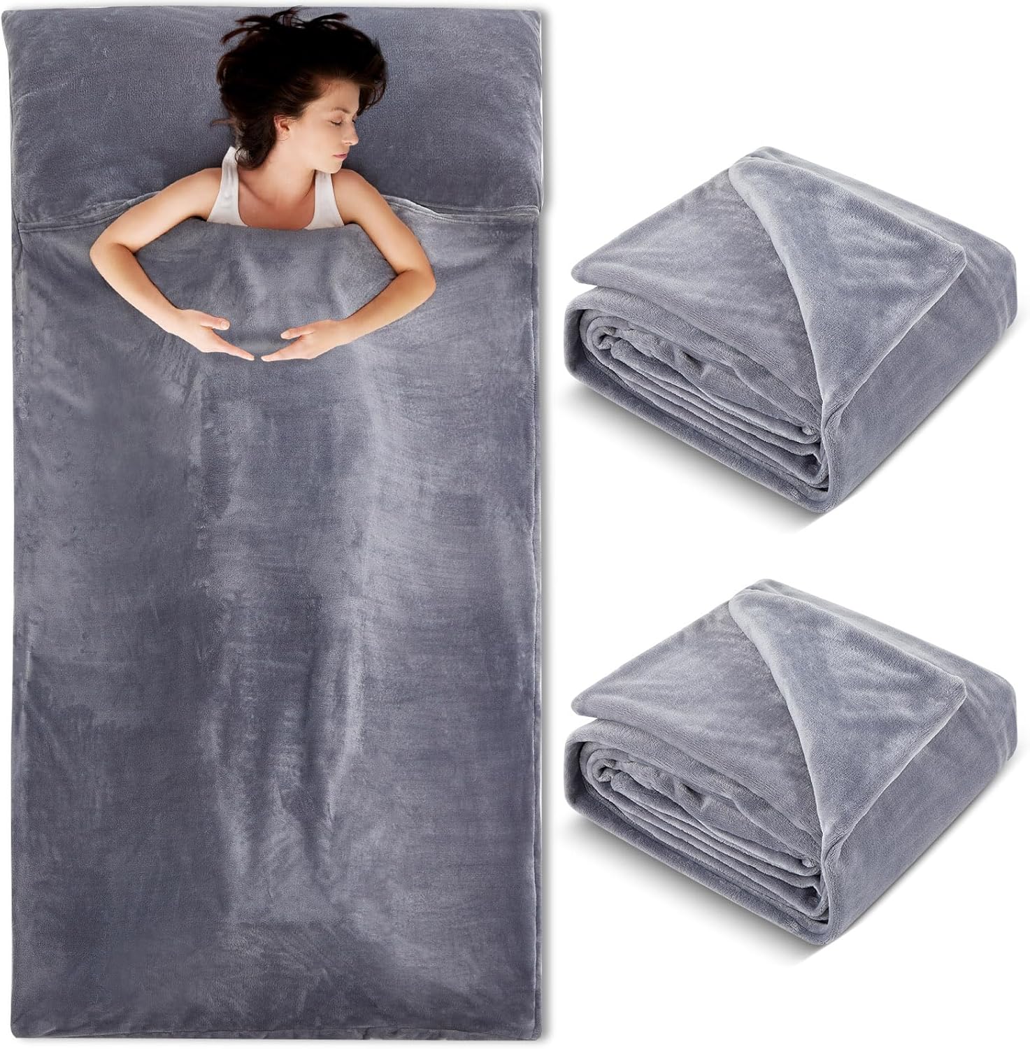 2 Pcs Sleeping Bag Liner for Adult, 86 x 41 Inch Grey Flannel Fluffy Sheet & Camping Sheet for Autumn Winter Warm Thick Sheets for Backpacking, Hotel, Traveling, Sleeping Bag with Zipper