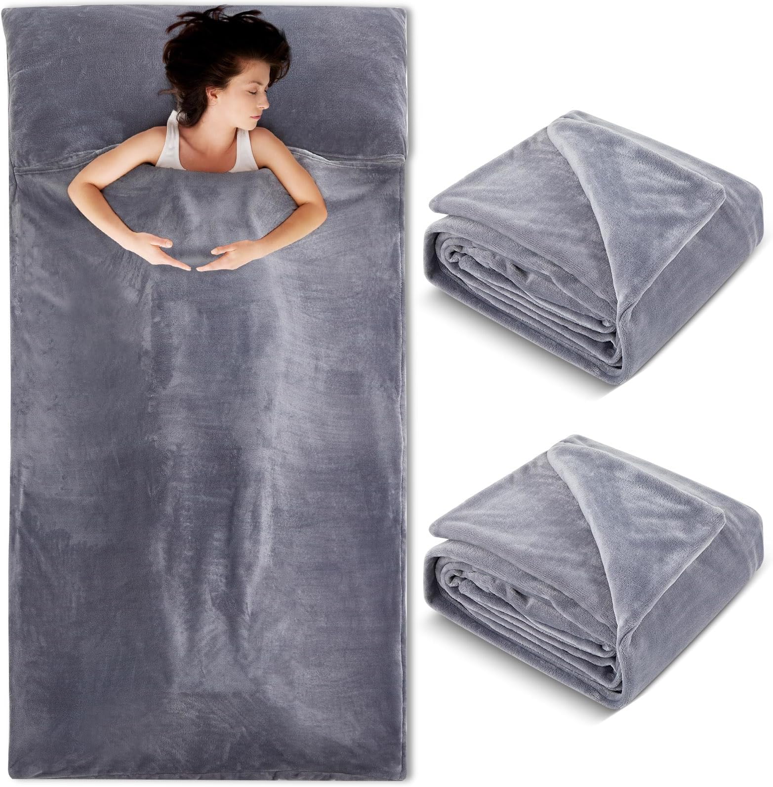 Remagr 2 Pcs Sleeping Bag Liner for Adult, 86 x 41 Inch Grey Flannel Fluffy Sheet & Camping Sheet for Autumn Winter Warm Thick Sheets for Backpacking, Hotel, Traveling, Sleeping Bag with Zipper