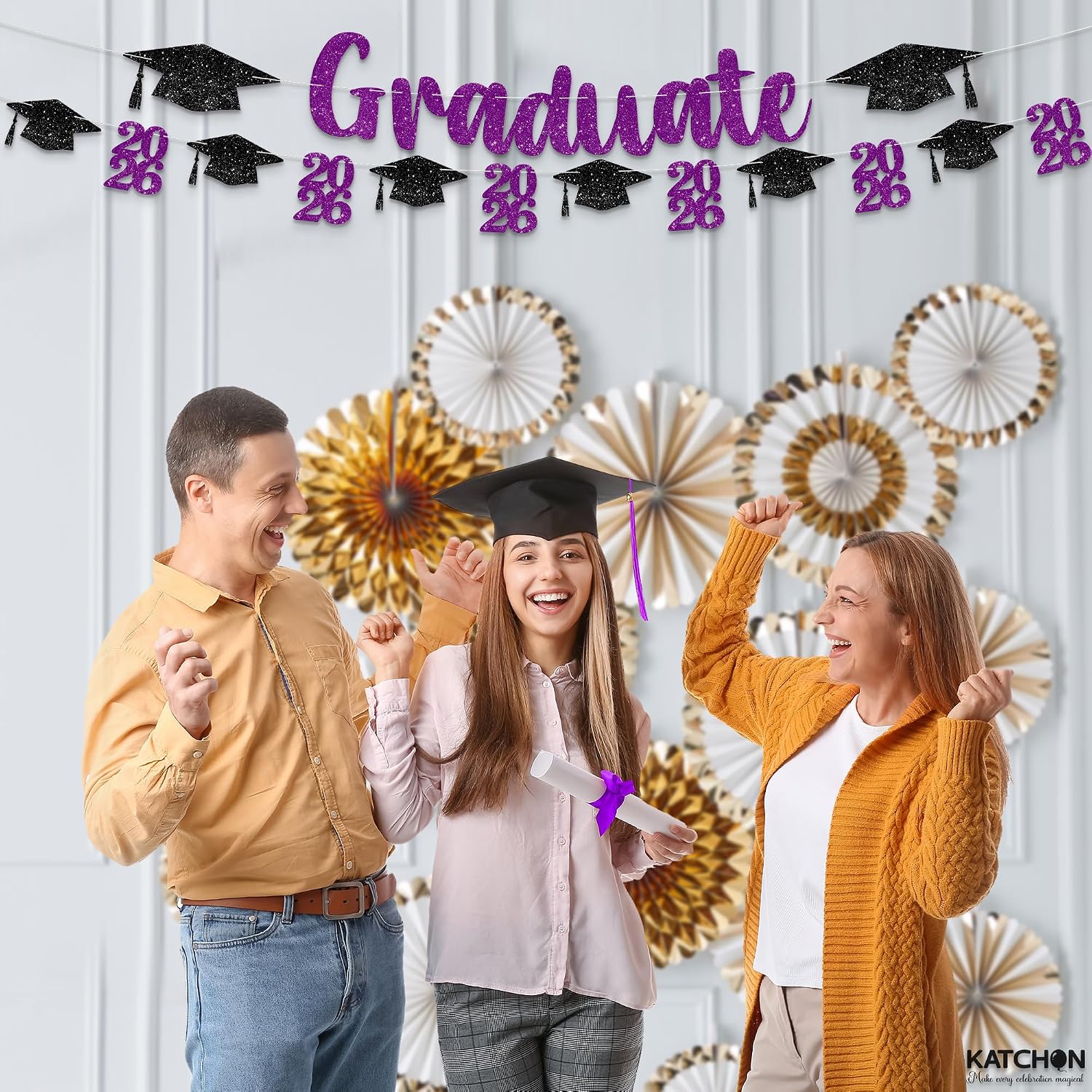 Glitter Purple and Black Graduation Decorations - 10 Feet | Pre- Strung, Congratulations Graduate banner | Black and Purple Graduation Decorations 2026 | Graduation Party Decorations 2026 - KatchOn