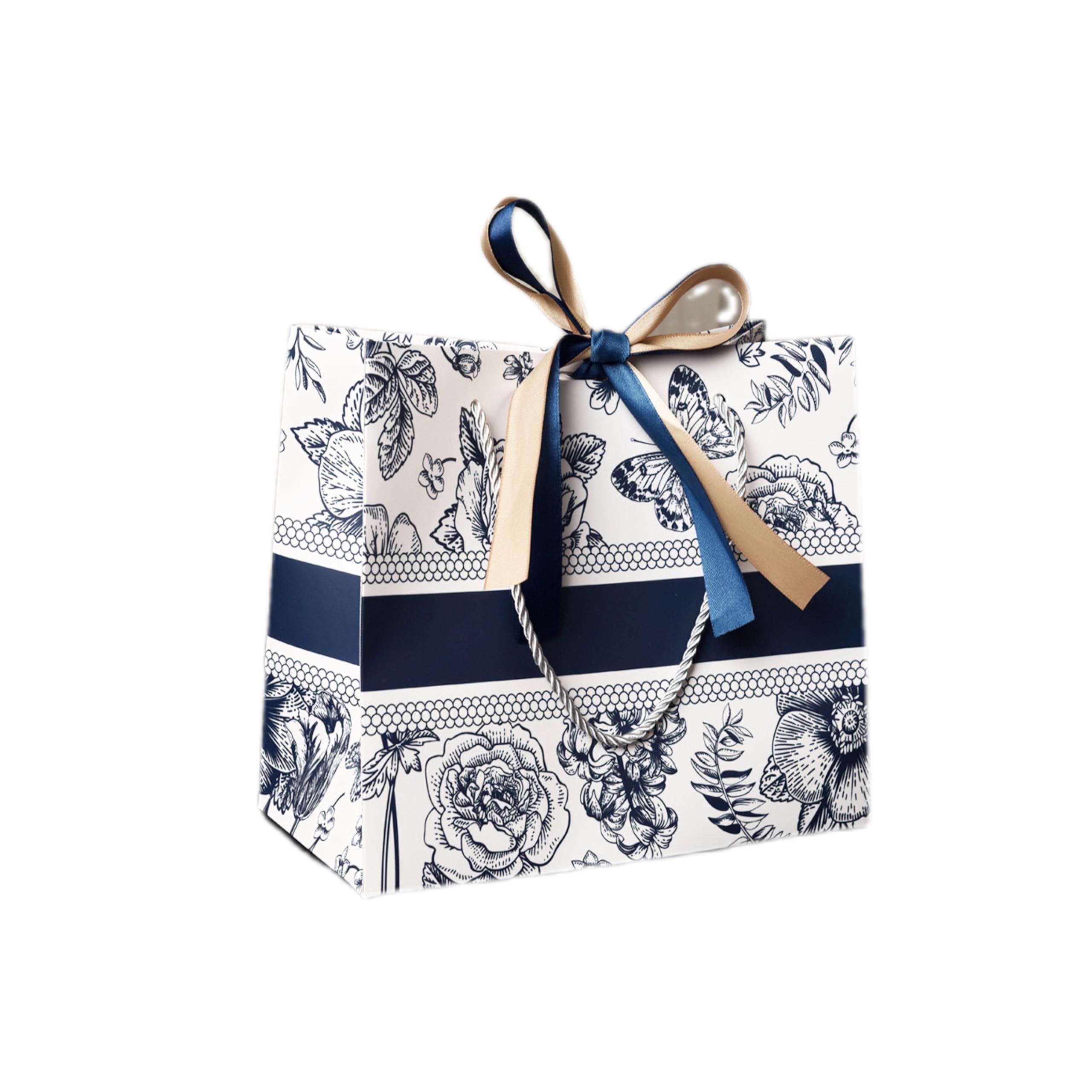 Kraft Paper Gift Bags, Set of 10, 25x20x12 cm, Gold Ribbon Trim, Eco-friendly (belt)