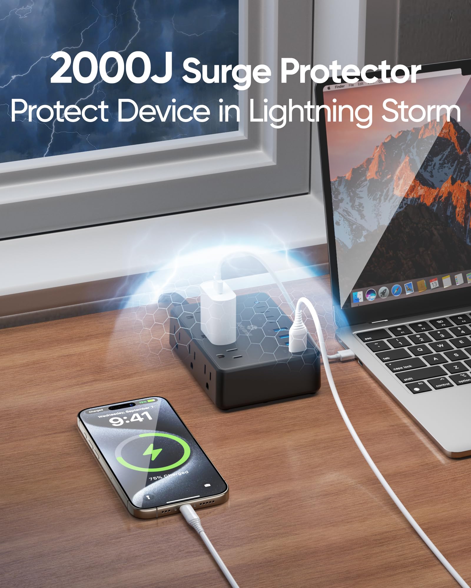 Kakyanill - 100W Steckdosenleiste, 6 AC-Ausgänge, 8 USB-Ports (4 USB C) mit Überspannungsschutz 2000J, 5 Fuß Flachstecker Verlängerungskabel, kompakt für Computer