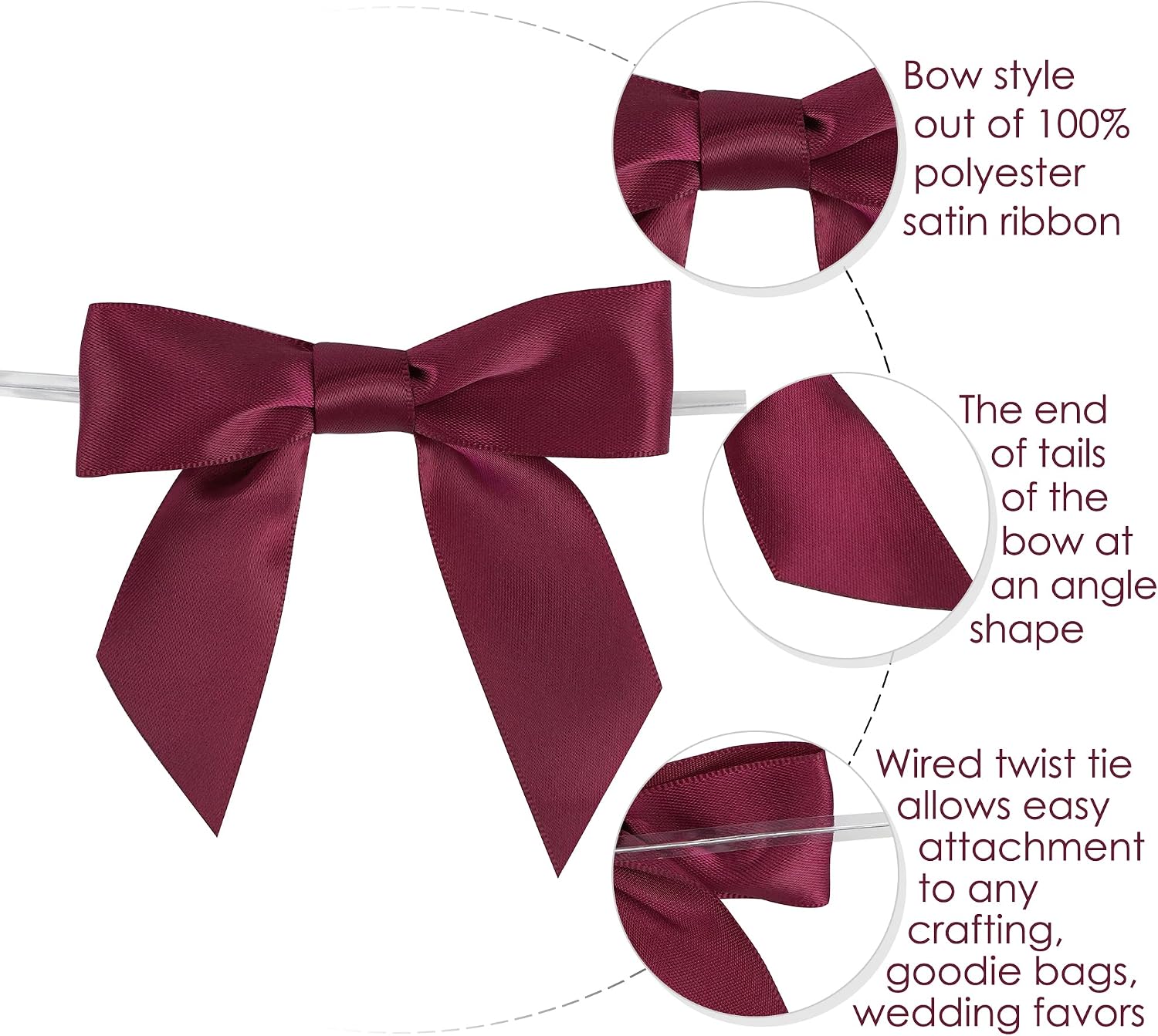 AIMUDI Burgundy Satin Ribbon Twist Tie Bows 3.5" Pretied Bows Wine Premade Craft Bows for Treat Bags Cake Pop Gift Wrapping Basket Wedding Favors Cookie Candy Bagging Baby Shower - 50 Counts image 3
