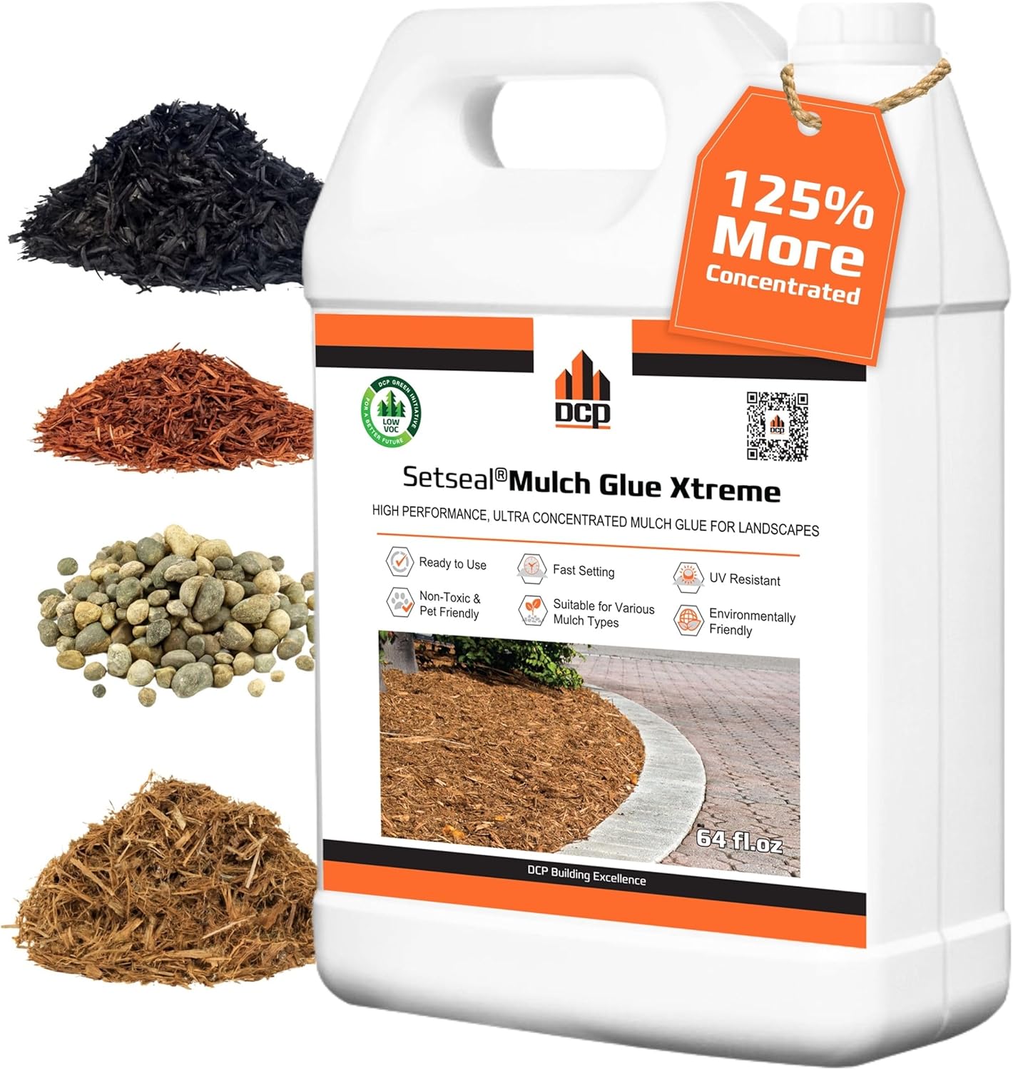 DCP Setseal Mulch Glue Xtreme 64 fl.oz. Concentrate - Gravel Stabilizer & Rock Glue for Landscaping - Binder for Mulch, Pine Straw, Pea Gravel, Pebble - UV Resistant, Fast Drying, Safe for Pets & Kids