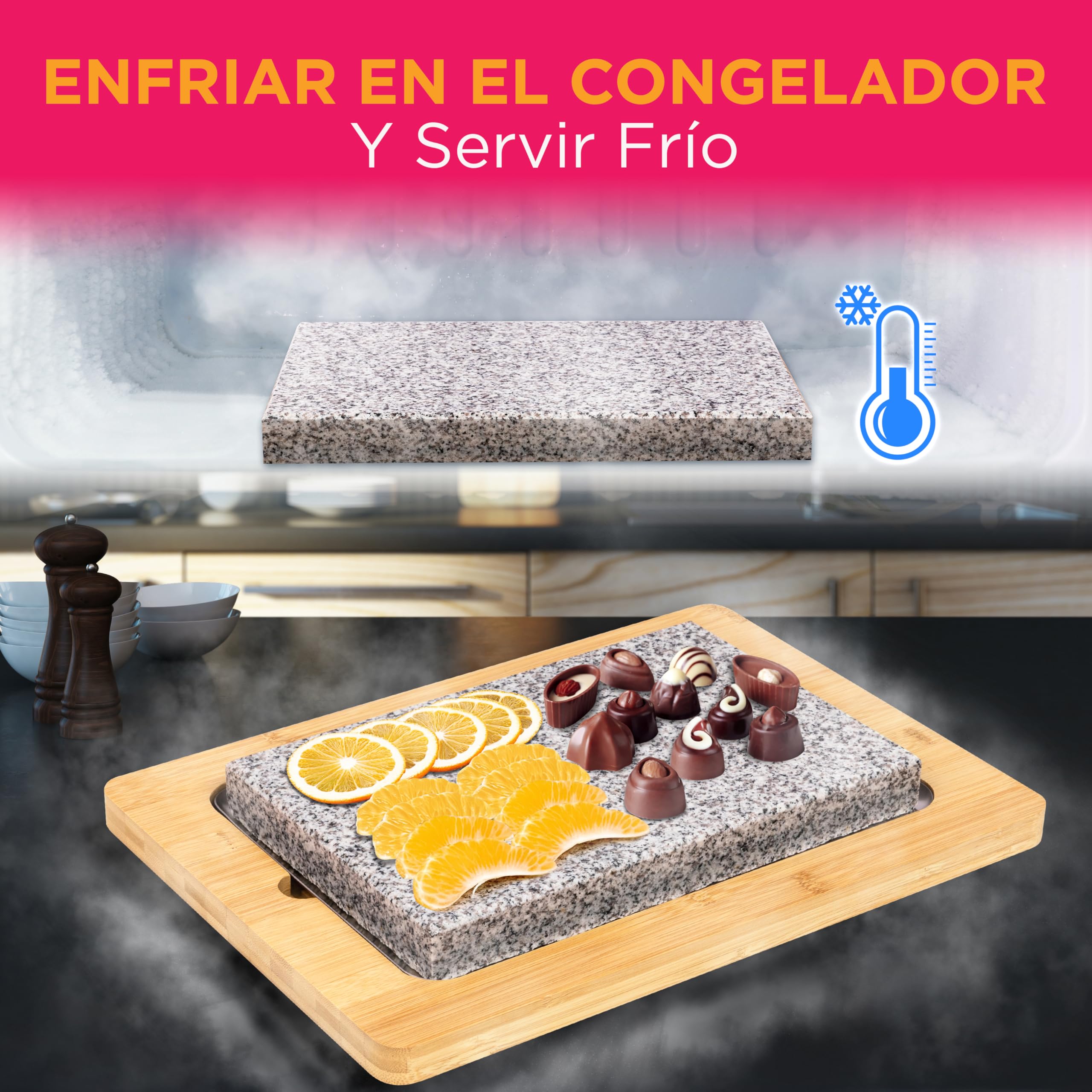 Nutrichef juego de parrilla de piedra, Caliente, Bandeja de bambu, Con asas antideslizantes, Control de temperatura ajustable, Perfecta para carnes y verduras