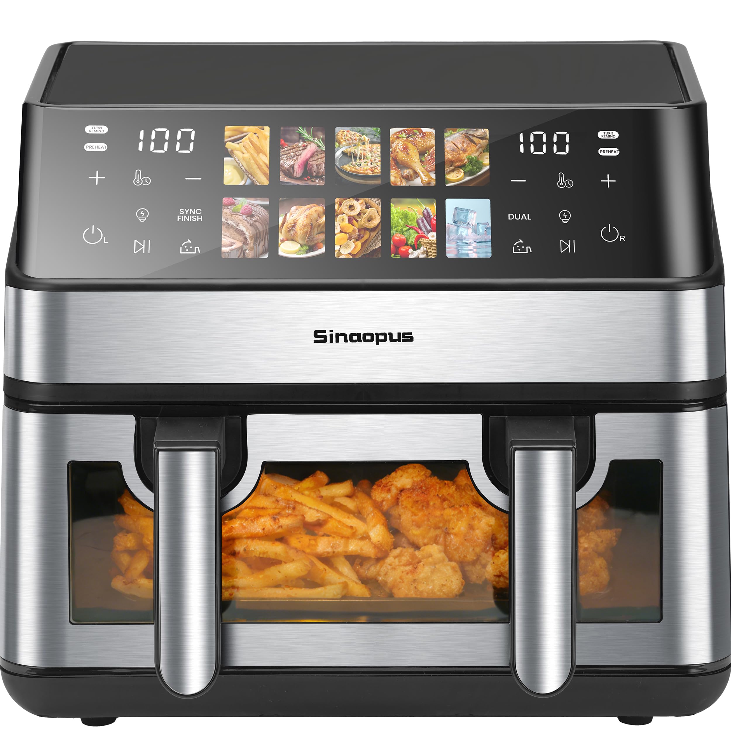 Air Fryer 9L 2000 W, Heißluftfritteuse 2 Kammern mit kühlem Griff | Digitaler Touchscreen, Sichtfenster, Sync Finish, Dual Cook, abnehmbare Trennwand, XXL, 903A