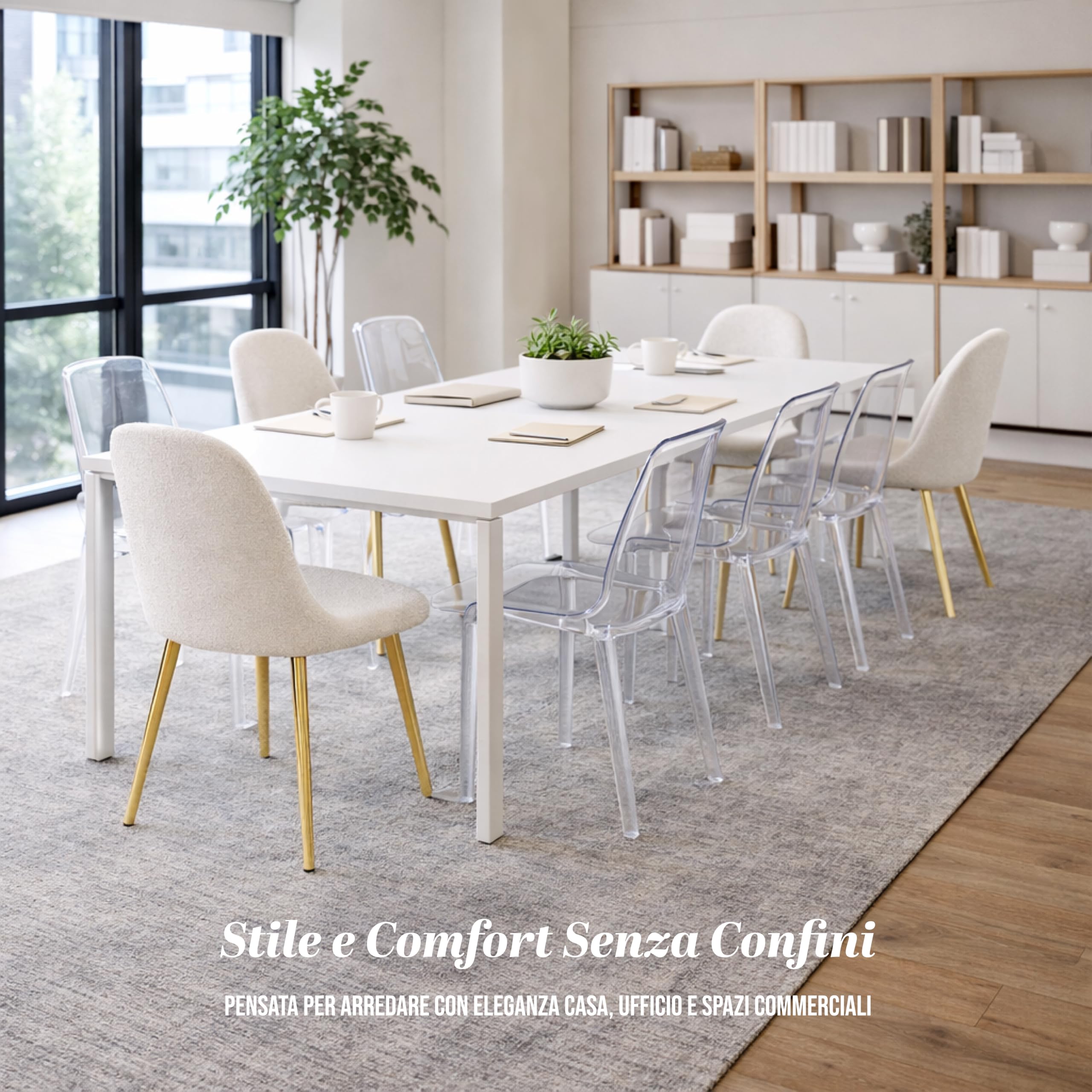 Maury's Set 4 Sedie Imbottite Teddy - Tessuto Morbido, Deisgn Moderno, Gambe in Metallo Oro, Comfort, Struttura Resistente, per Cucina, Soggiorno - 44X48X88h CM (Tessuto Bianco)
