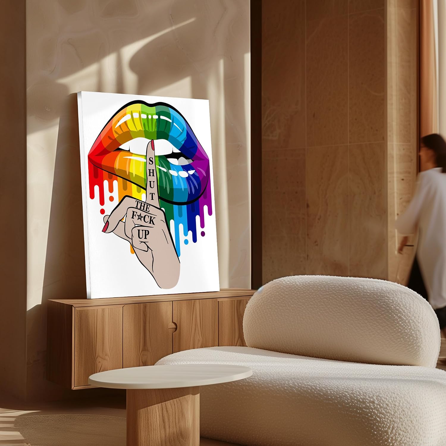 Poster Master Shut the F Up Canvas - LGBTQ Print - Rainbow Lips & Pride Art - Gift for Men, Women, Gay & LGBTQ - Great Wall Decor for Living Room, Office or Bedroom - 8x10 STRETCHED Canvas