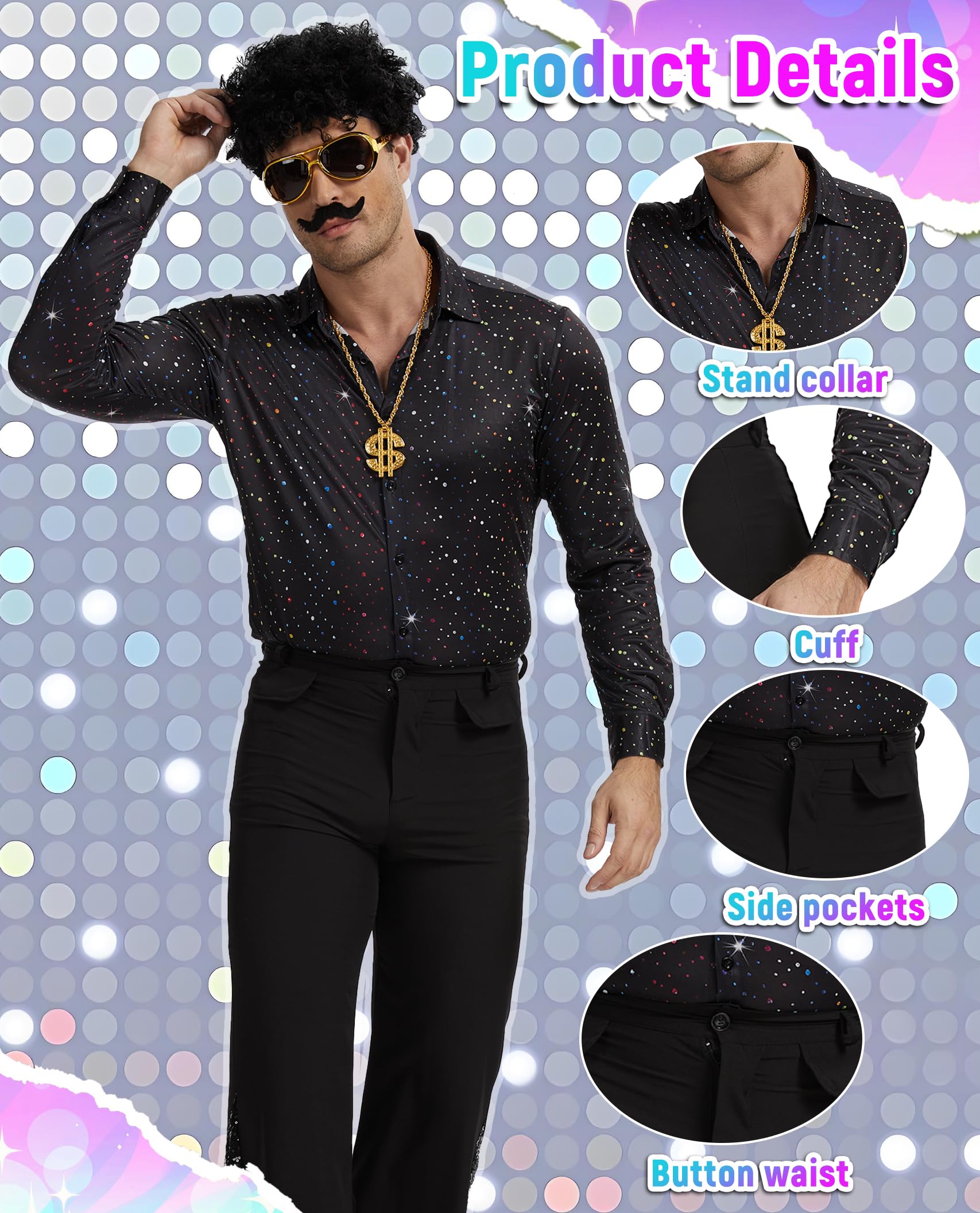Disfraz de discoteca de los años 70, camisa de lentejuelas y pantalones acampanados, con peluca afro, gafas de sol, cadena dorada y bigote