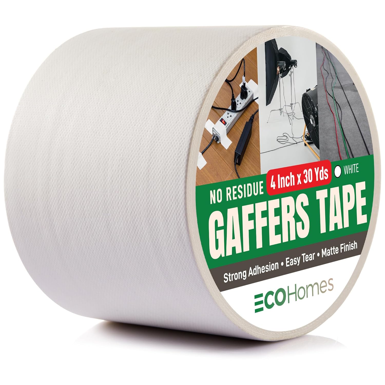 ECOHomes No Residue Gaffer Tape (4 Inch x 90 FT, White) | Strong Matte Non-Reflective Gaffers Tape for Securing Cables, Extension Cords, Cable Management, Floors, Stage, Studio and Production Use
