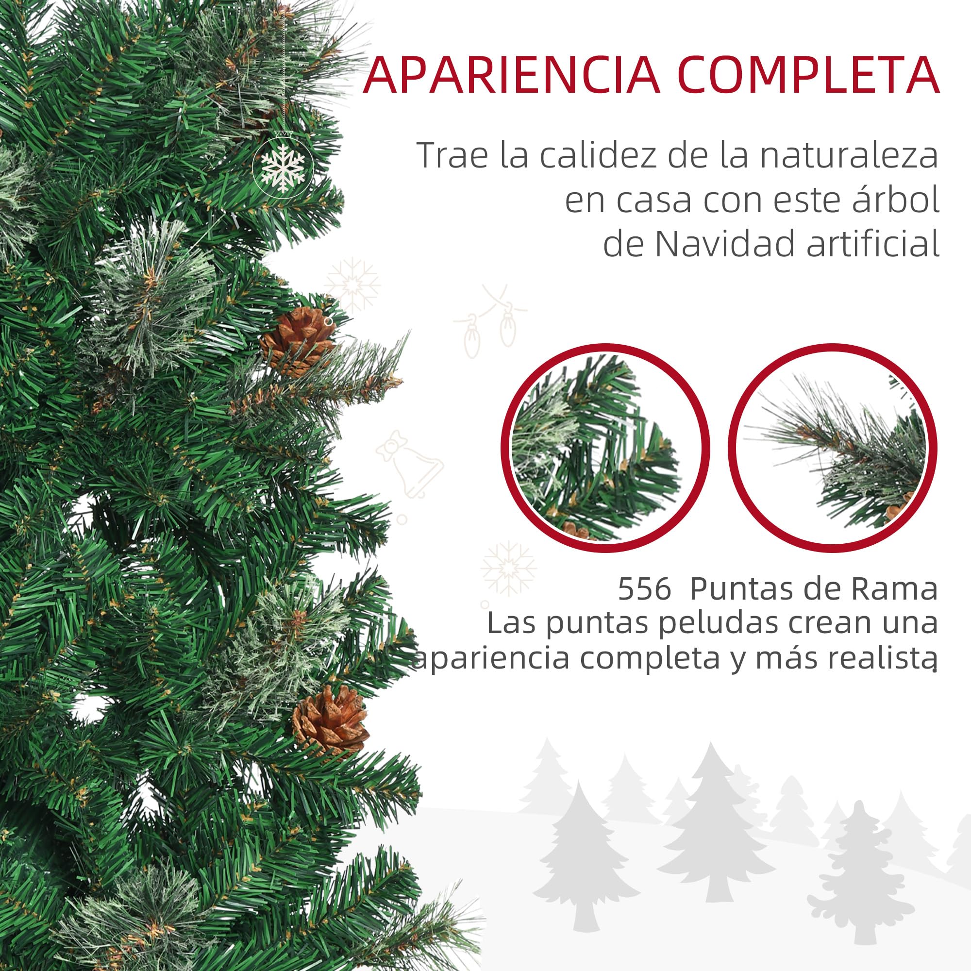 HOMCOM Árbol de Navidad Grande 195 cm Árbol de Navideño de 556 Ramas Árbol de Navidad Estrecho Forma de Lápiz con 25 Piñas Base Plegable Verde