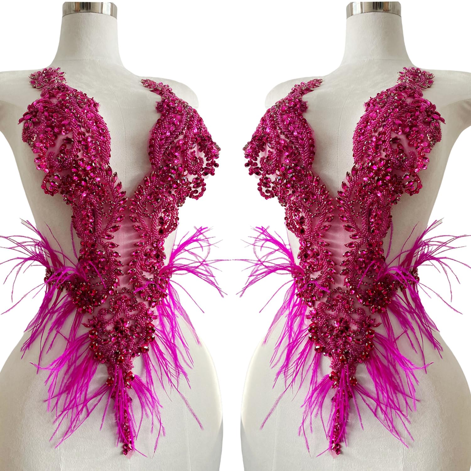 Patchs en plumes rose rouge avec strass en verre pour couture