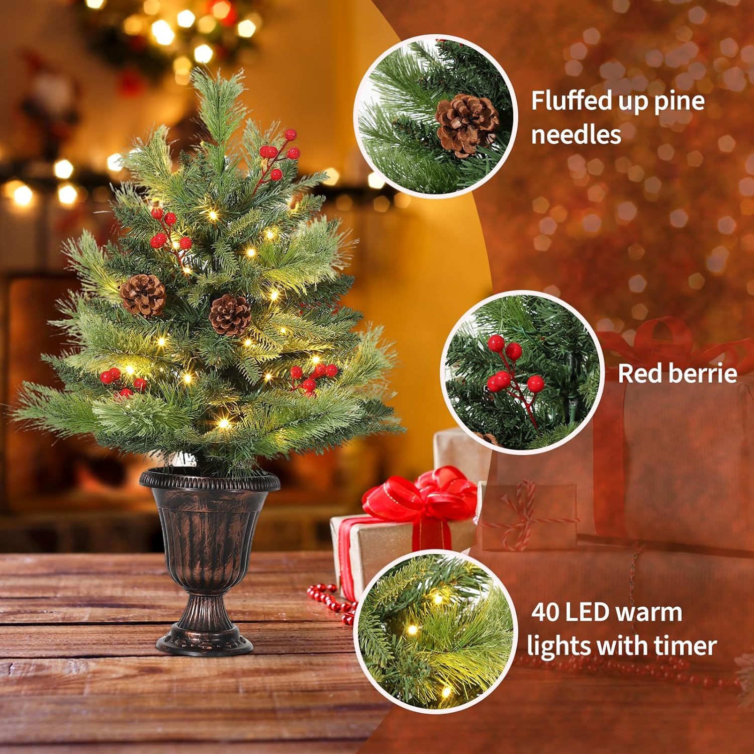 3 Ft Mini Tabletop Christmas Tree, Small Christmas Tree with 70 LED Warm Lights, Pine Cone & Red Berry, Artificial Xmas Tree for Home, Office, Holiday Indoor Outdoor Decor