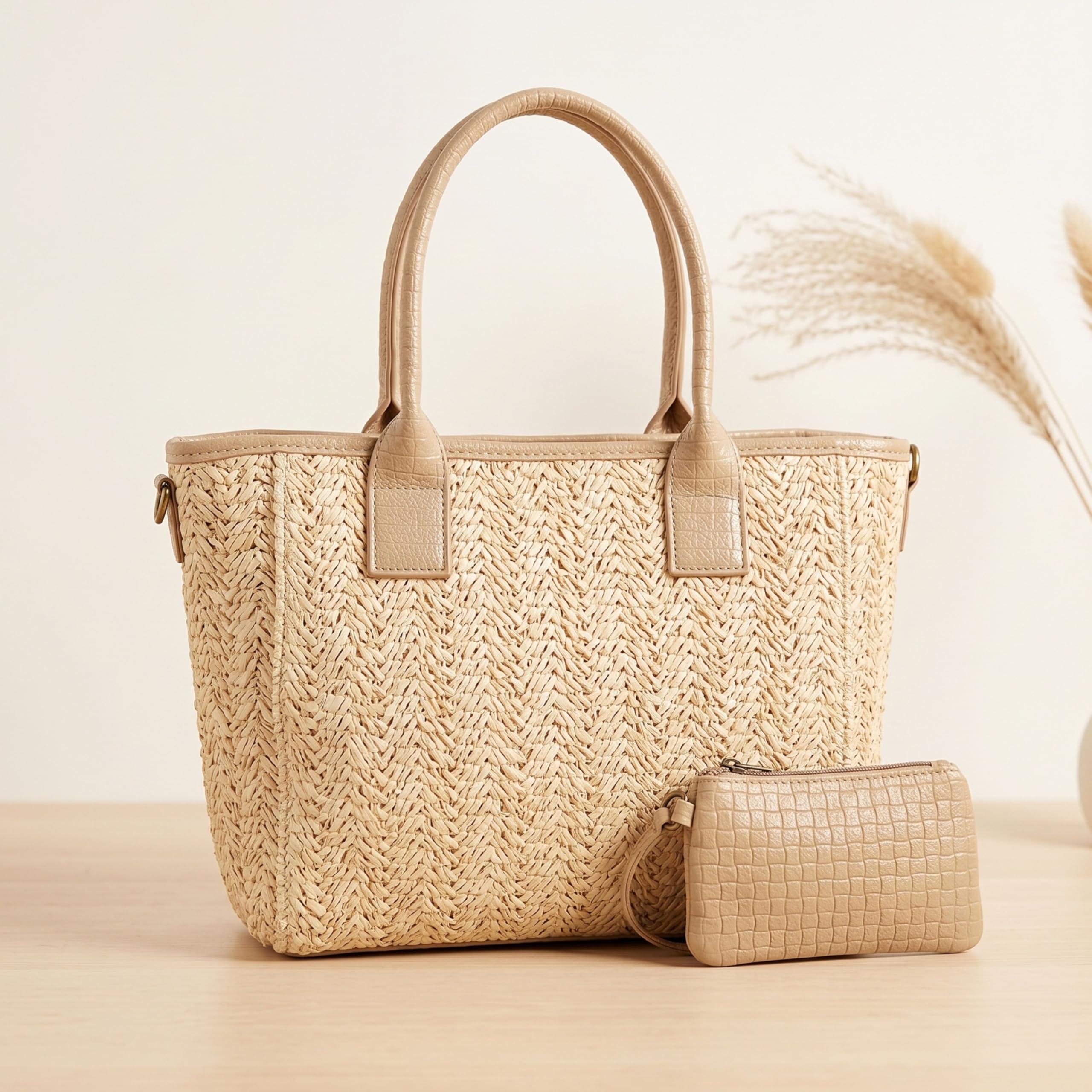 Bolso Rafia Mujer - Bolso de Verano Mujer - Bolso Bandolera Mujer Verano - Cremallera Superior y Neceser Pequeño - Bandolera Casual para Primavera y Viajes (Apricot)