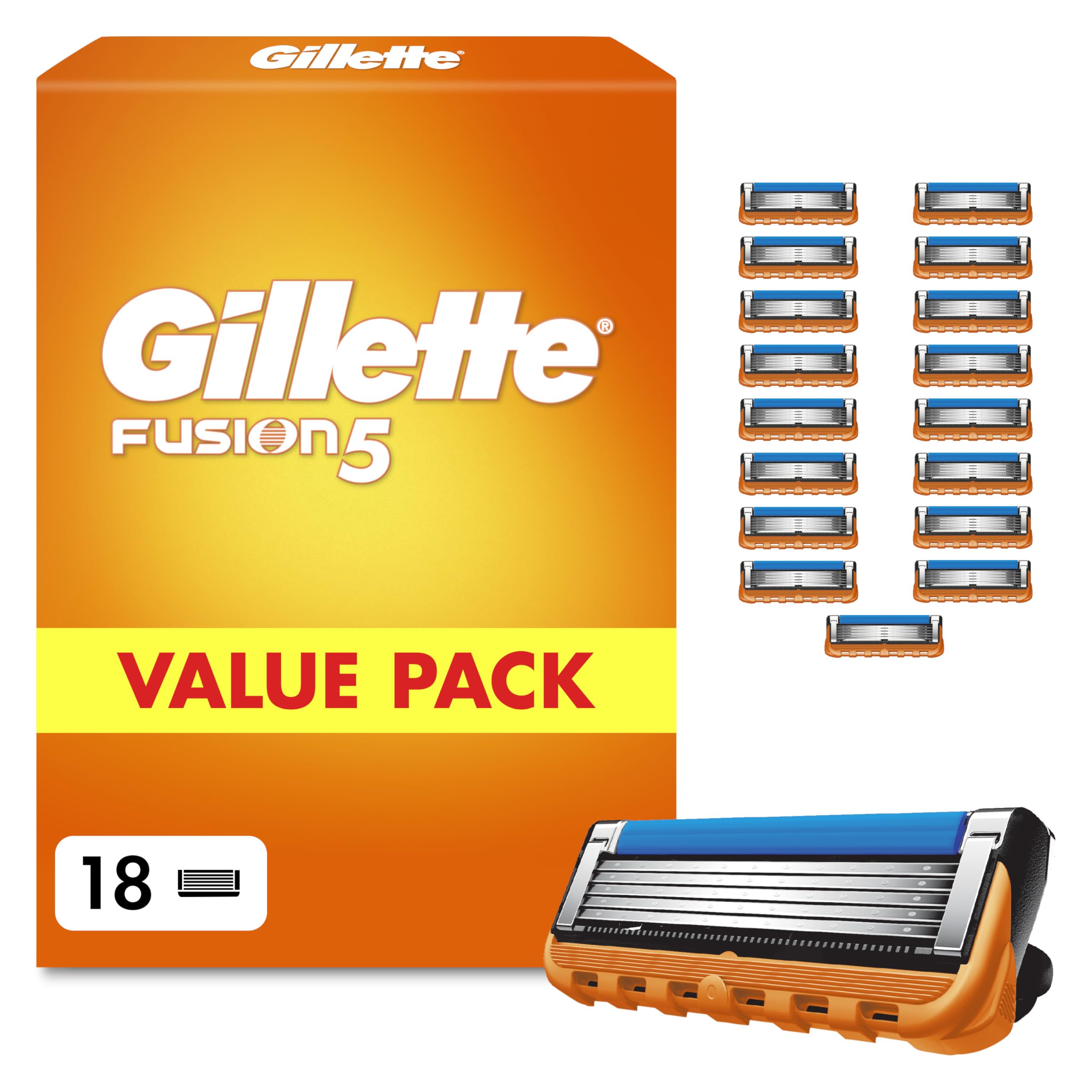 Gillette Fusion5 Rasierklingen, 18 Original Ersatzklingen für Herren mit größerem Gleitstreifen für ein sanftes Gleiten und 5 Klingen für eine unglaublich gründliche und komfortable Rasur