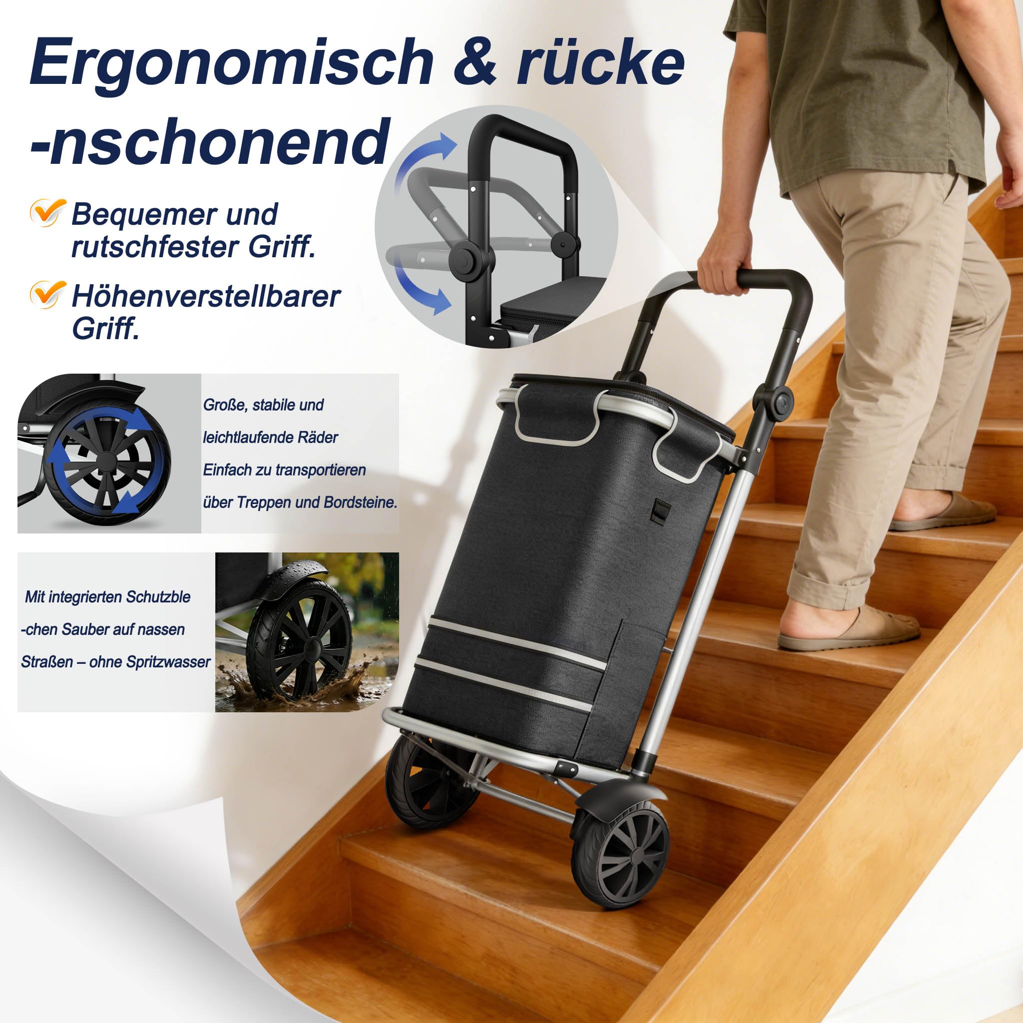NAIZY Wózek na zakupy, składany, 56 l, z aluminium, do wchodzenia po schodach, nowoczesny wózek na zakupy z torbą Oxford 600D, wózek na zakupy dla seniorów, w podróży, do kampera (czarny)