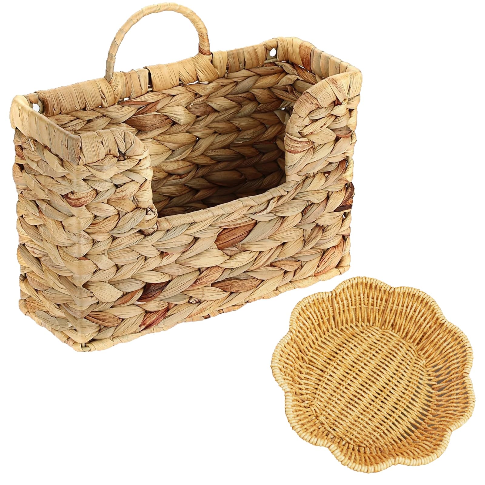 HRITJQOA Hanging Woven Magazine Basket & Circular Wavy Edge Imitation Rattan Basket Wall Mounted Storage for Books Files Mail Farmhouse File Organizer with Handle for Home Office Natural Wicker