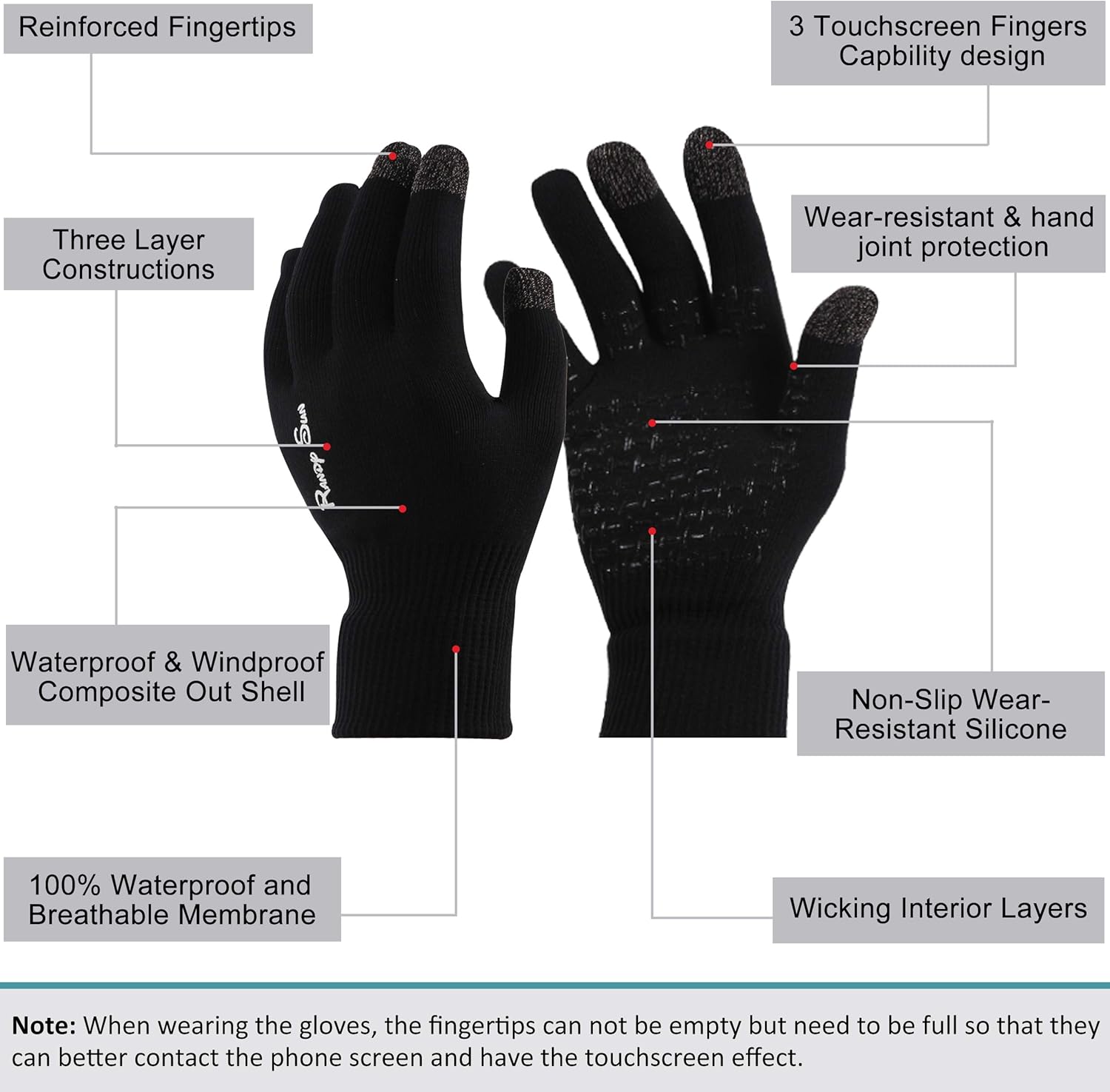 RANDY SUN Waterproof Touch Screen Gloves, Windproof Skiing/Bike/Work/Mountaineering/Hiking Gloves 1 Pair