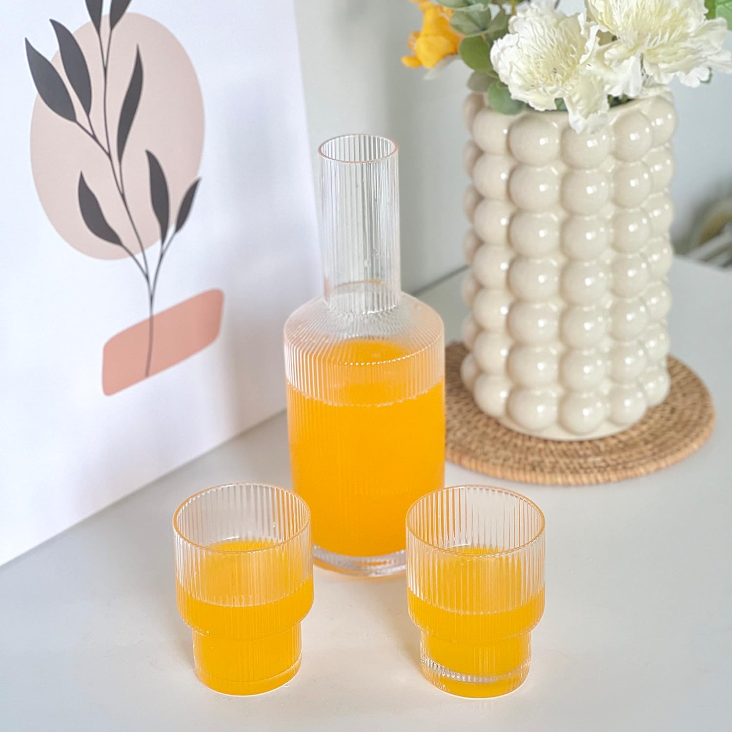 FERAHI Bedside Water Carafe, Ribbed Glassware, Water Carafe with Glass Cup for Nightstand, 27oz Glass Carafe with Cups 6.8oz, Fluted Glassware for Cold Water, Juice, Iced Tea, Coffee, Whiskey(Clear) : Home & Kitchen