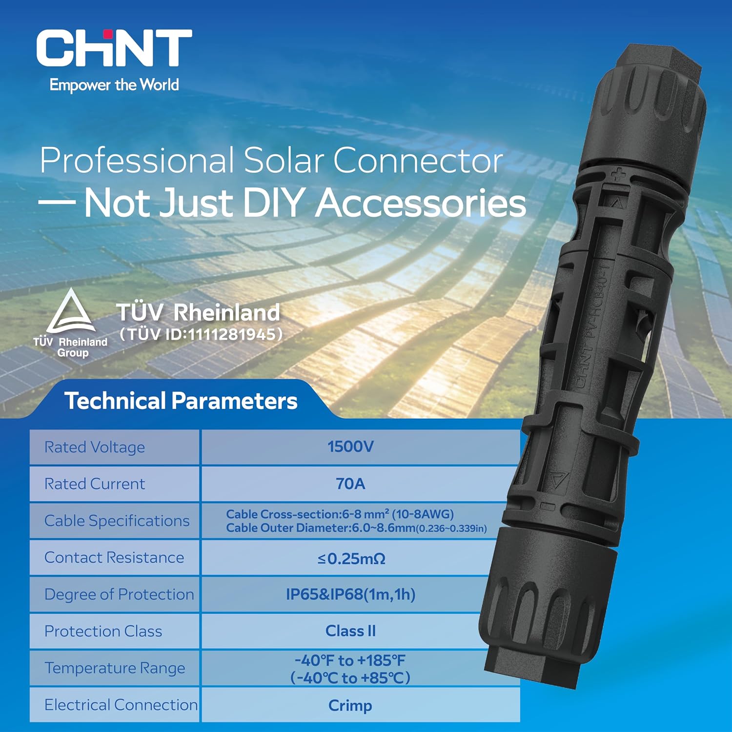 CHINT 8AWG Solar Panel Connectors 1500V DC 70A, TÜV Certified Heavy Duty MC4-Compatible Solar Cable Connectors for Large PV Cables 6-8.6 mm (0.24-0.34 in), 10 Pairs with Dust Caps & Spanners